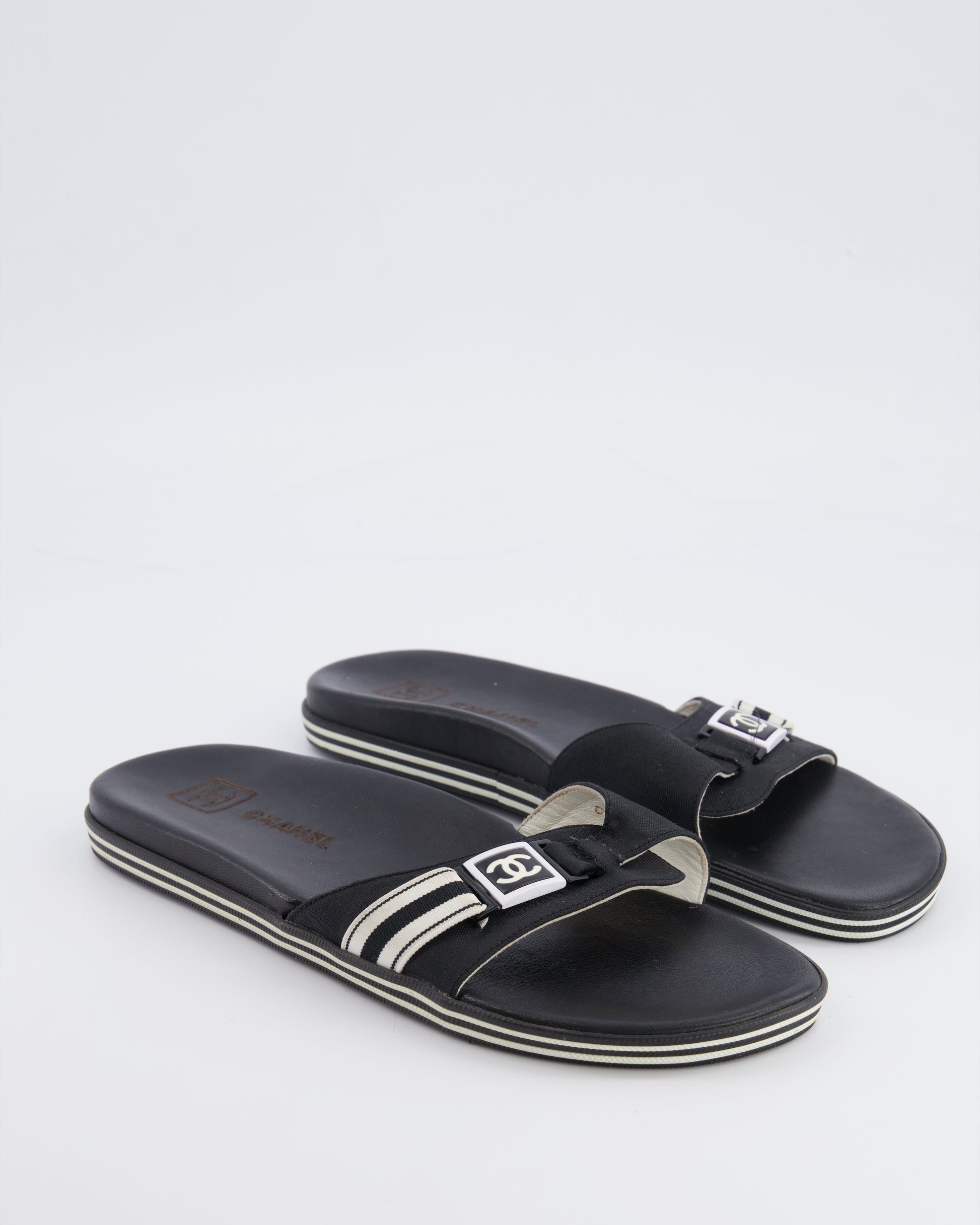 Chanel Spring Black Strap Mules With White Logo Detail Size 38 Women Shoes