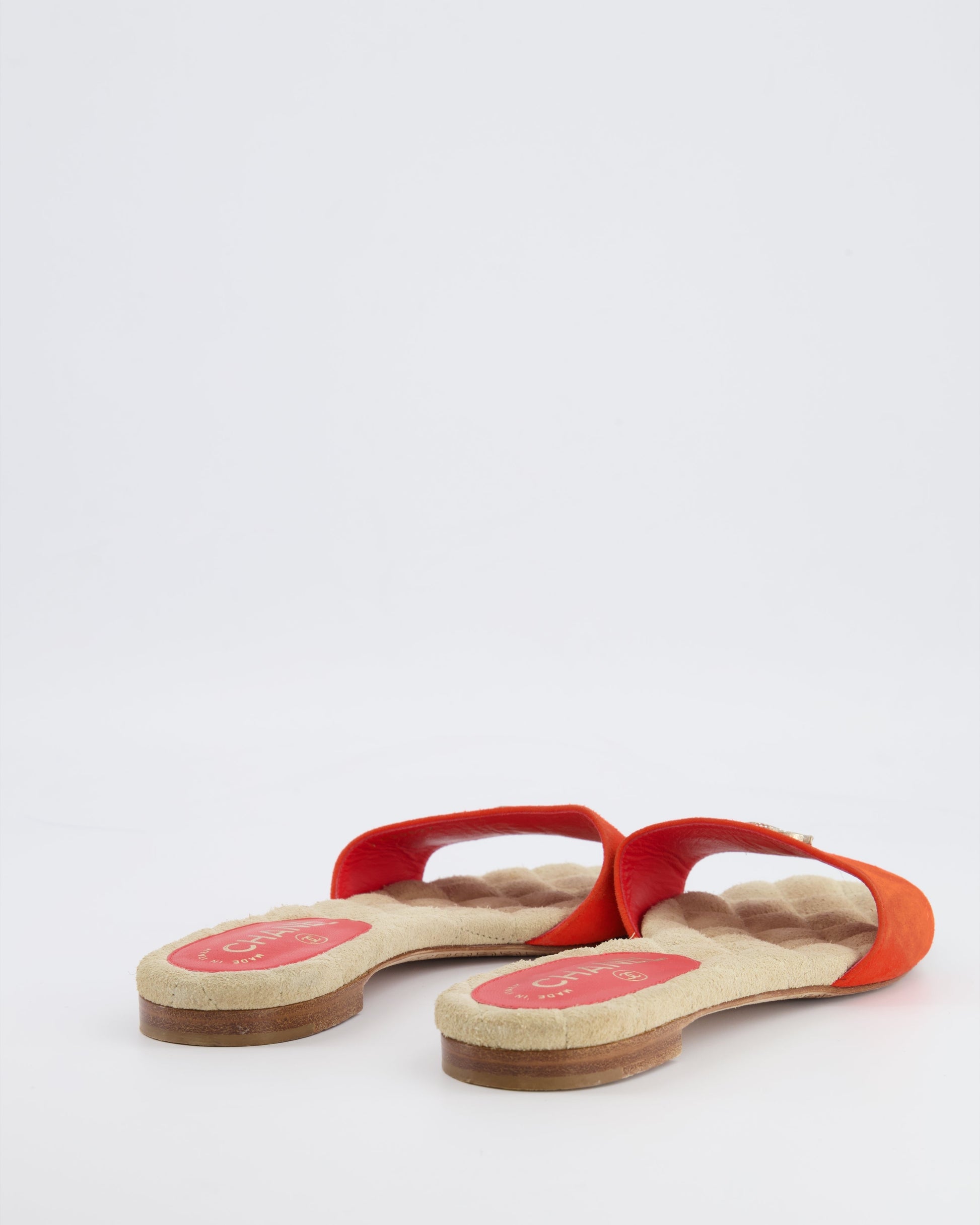 Chanel Orange Suede Mules with Crystal CC Logo Details Size 38.5 for Women