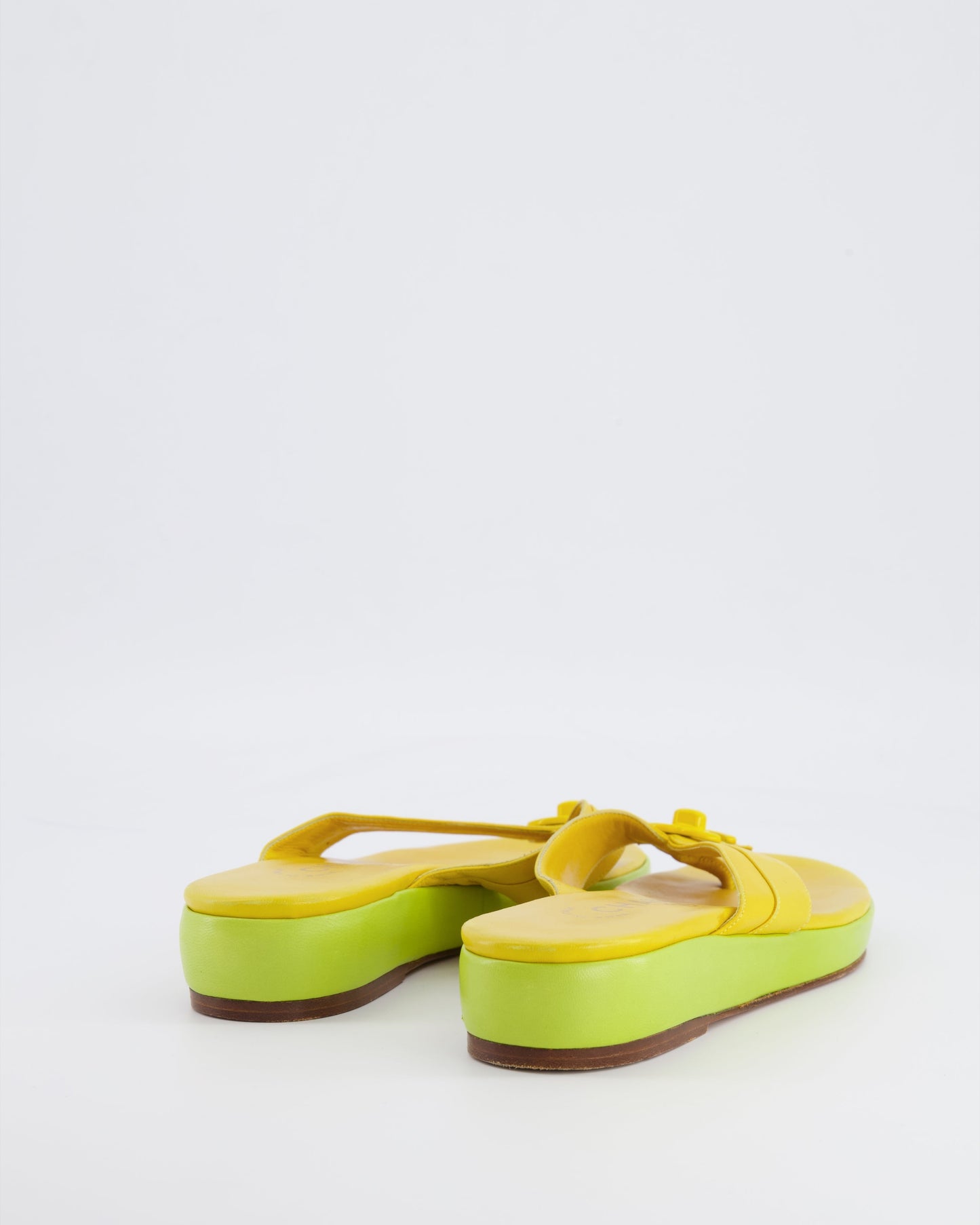 Chanel 2002   Yellow and Green Leather Heeled Flip Flops with CC Logo Detailing Size 38