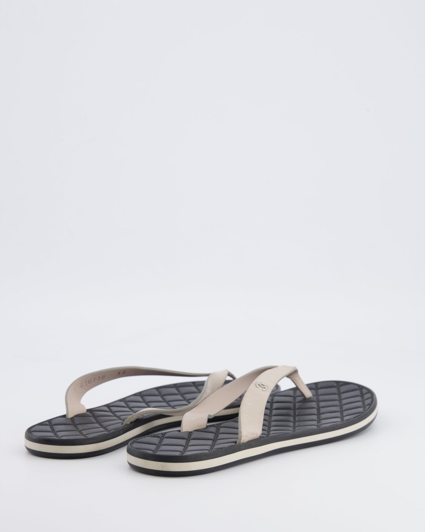 Chanel Spring Beige Suede Flip Flops With Silver Cc Logo And Black Matelasse Sole Size 38 Women Shoes