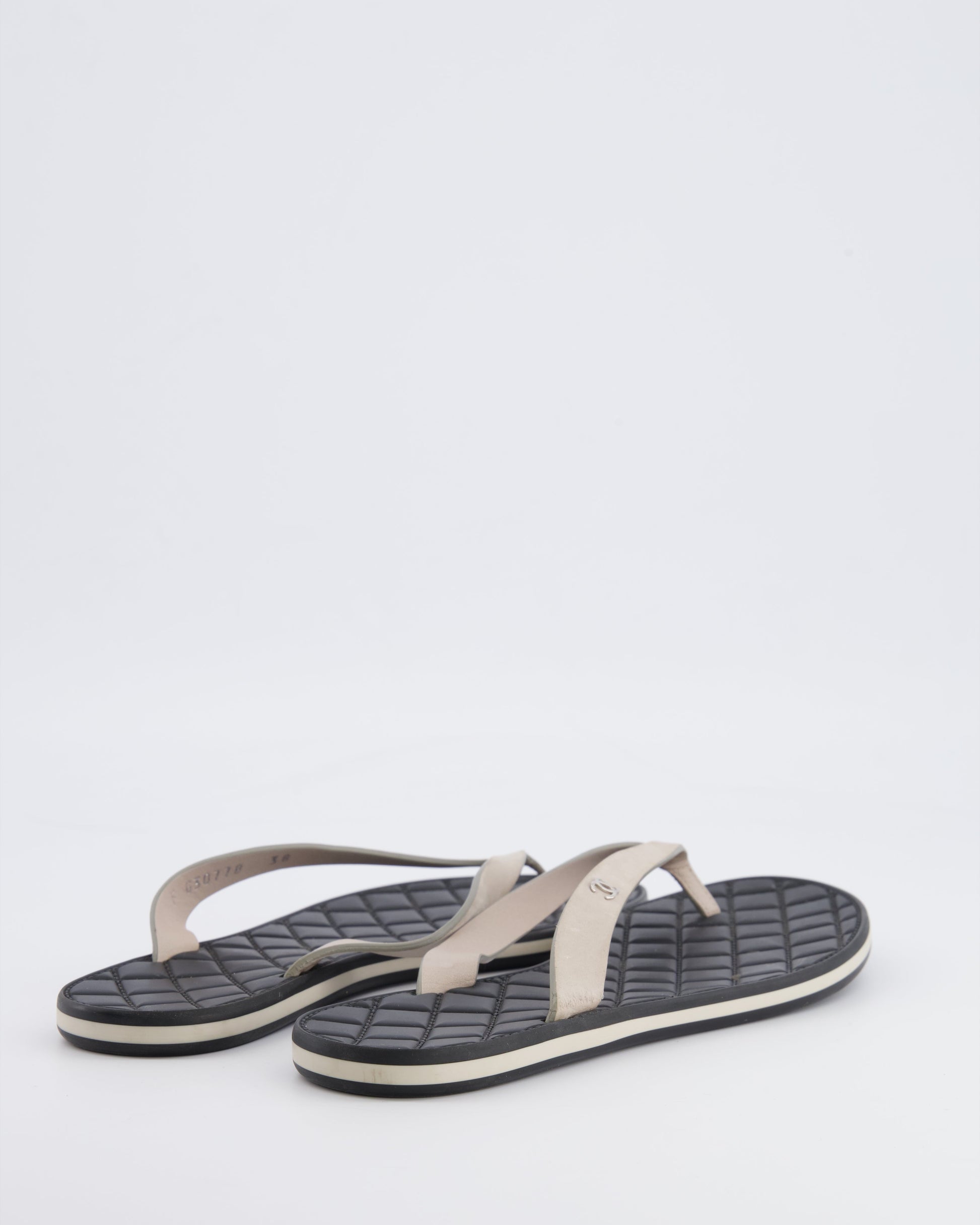 Chanel Spring Beige Suede Flip Flops With Silver Cc Logo And Black Matelasse Sole Size 38 Women Shoes