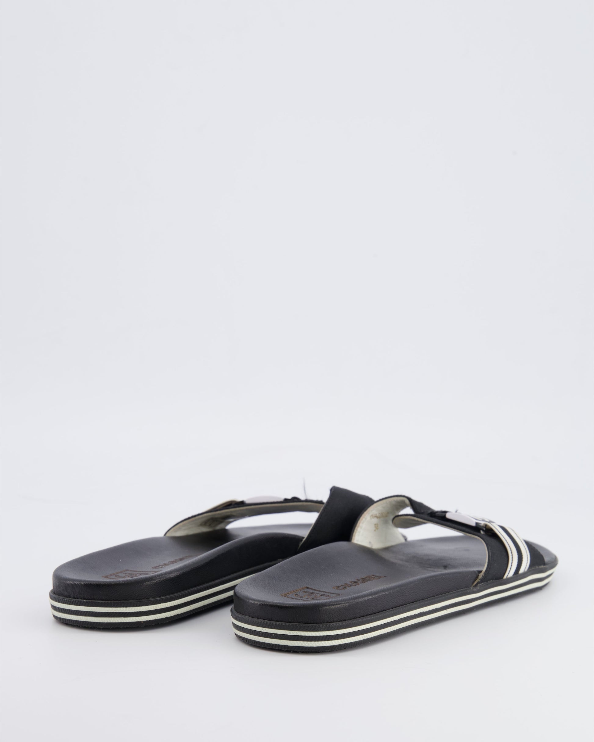 Chanel Spring 2006 Black Strap Mules with White Logo Detail Size 38 for Women