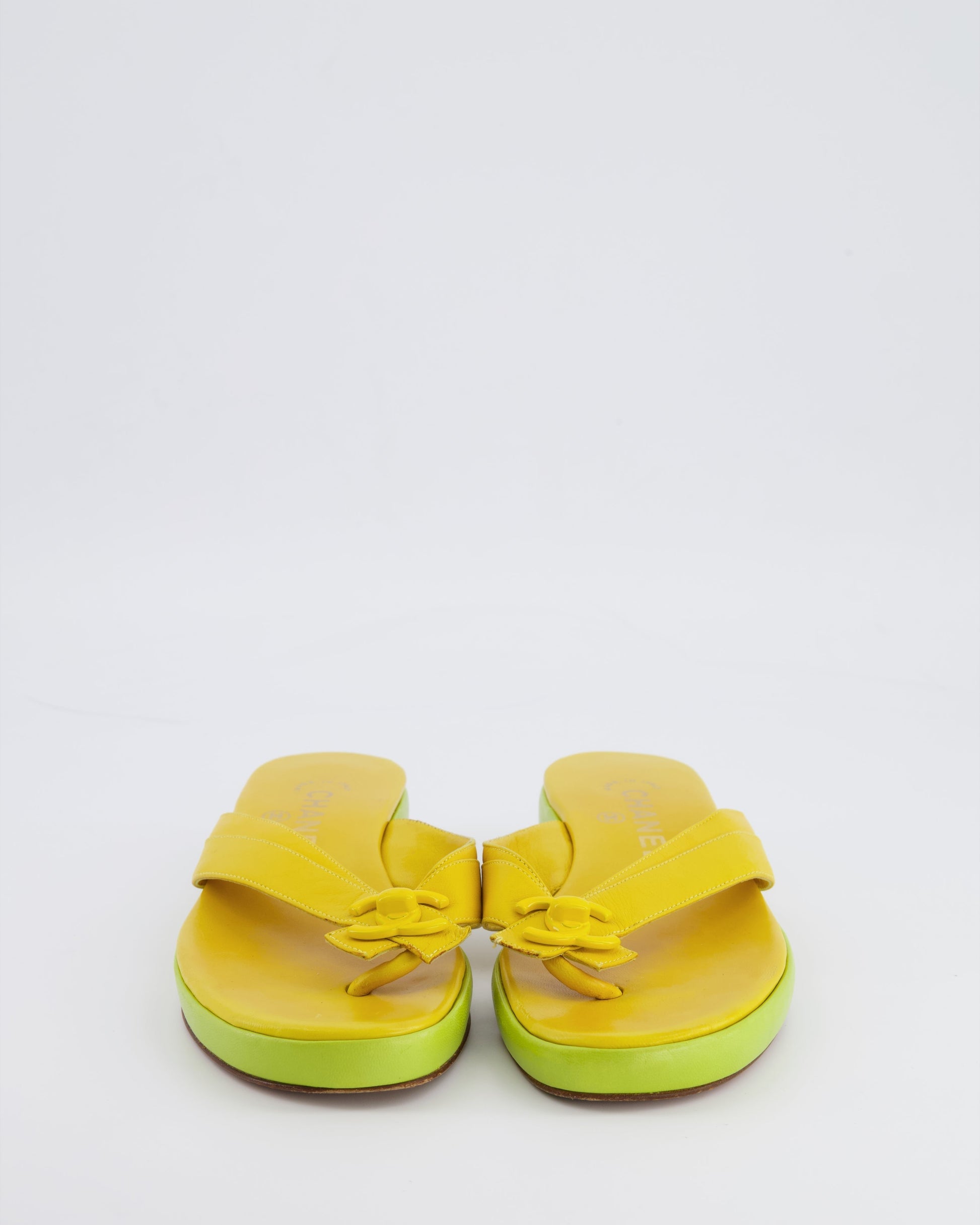 Chanel 2002   Yellow and Green Leather Heeled Flip Flops with CC Logo Detailing Size 38