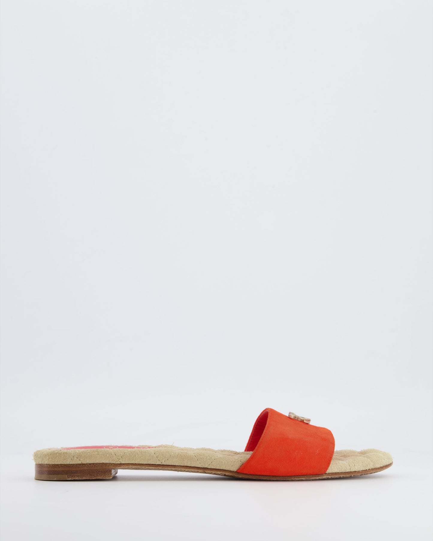 Chanel Orange Suede Mules with Crystal CC Logo Details Size 38.5 for Women