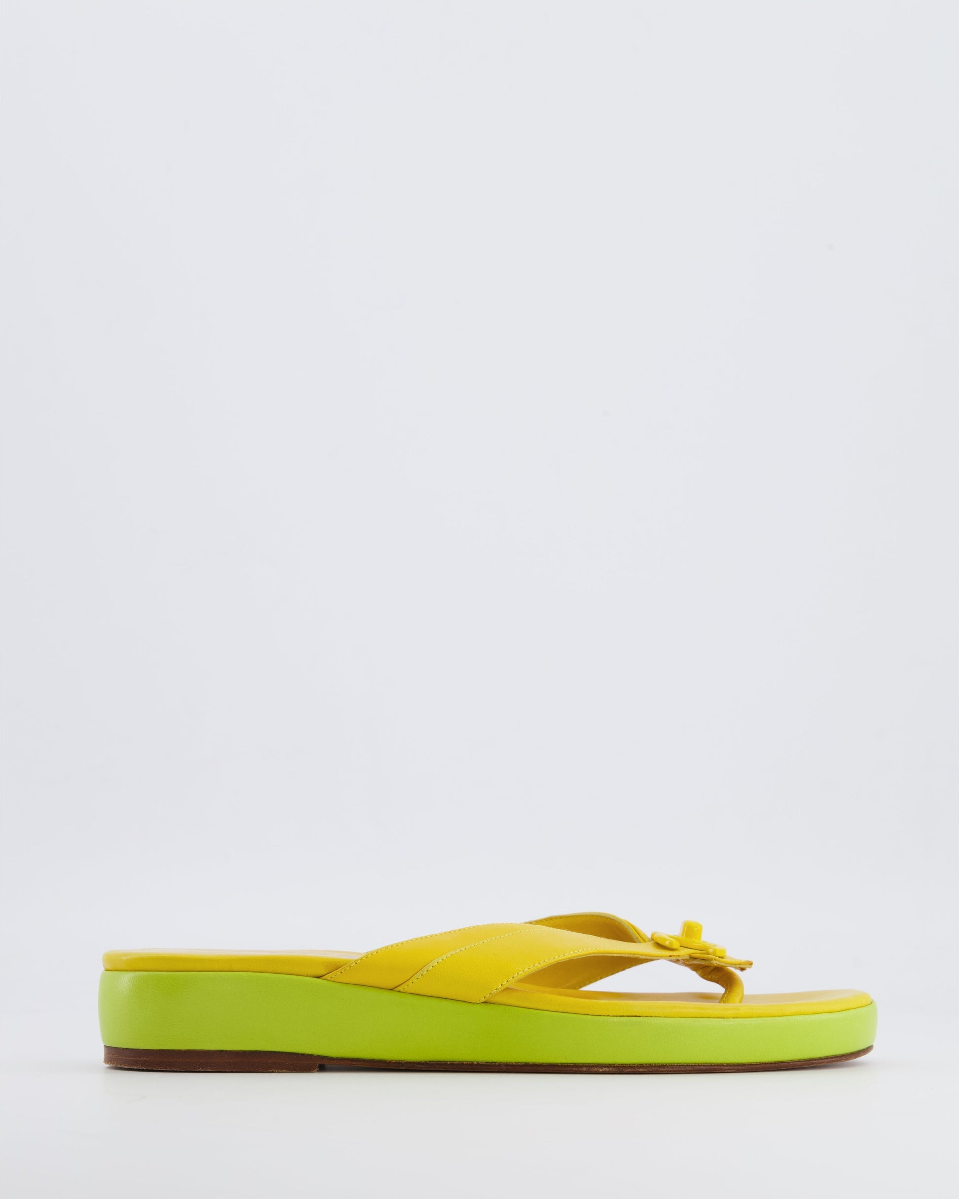 Chanel 2002   Yellow and Green Leather Heeled Flip Flops with CC Logo Detailing Size 38