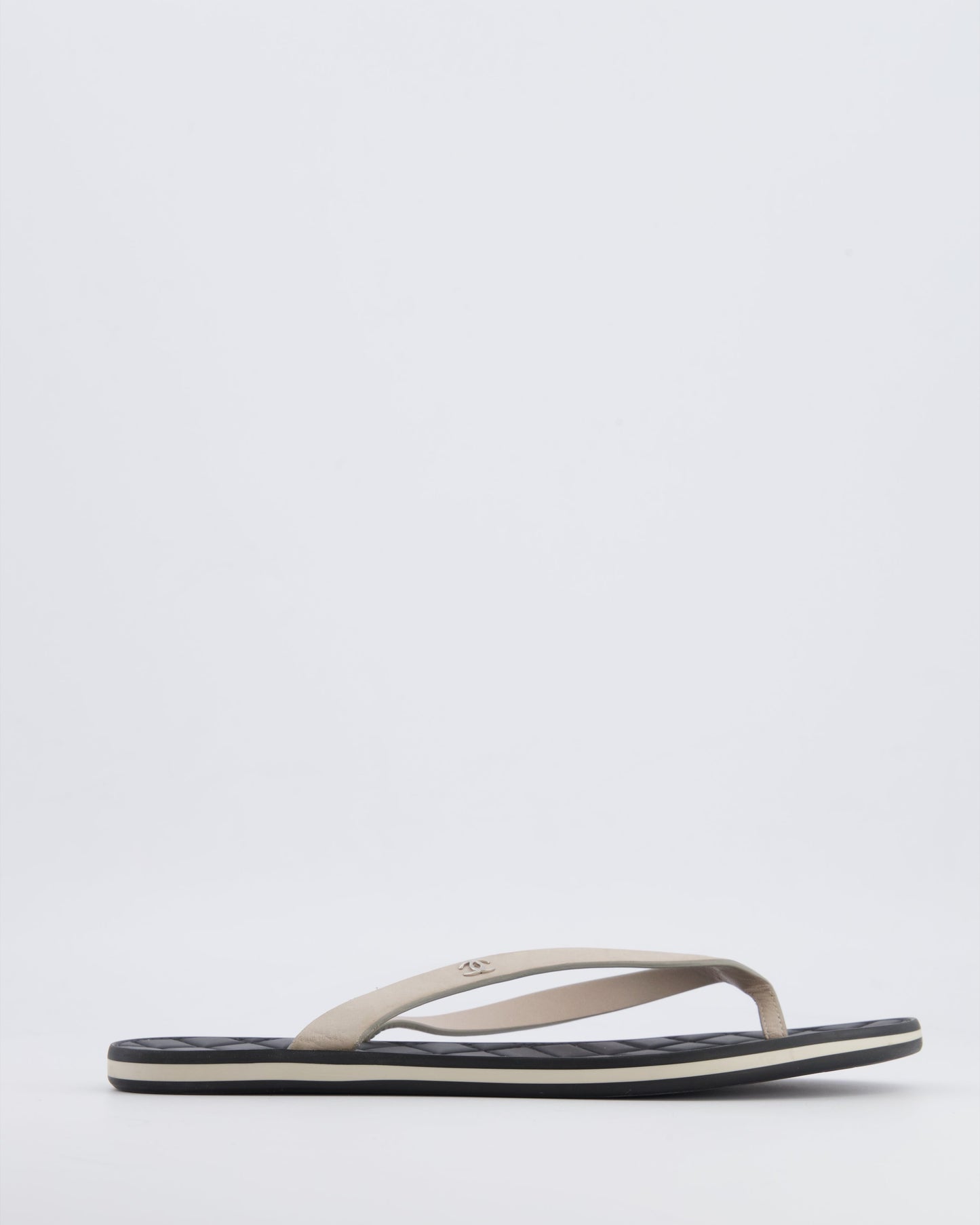 Chanel Spring 2015 Beige Suede Flip Flops with Silver CC Logo and Black Matelasse Sole Size 38