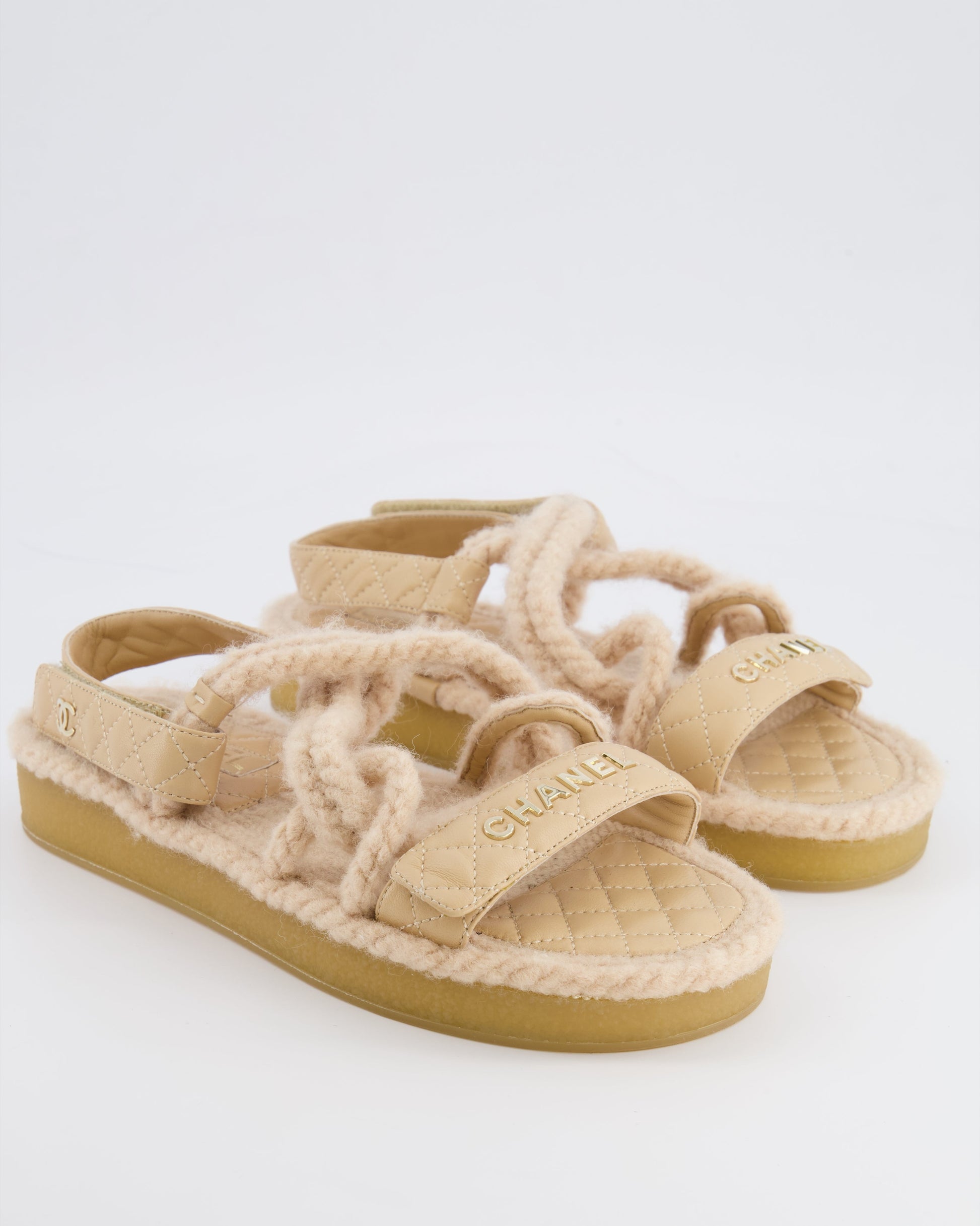 Chanel Beige Cord and Quilted Lambskin Sandals with Champagne Gold Logo Details Size Eu 40 for Women