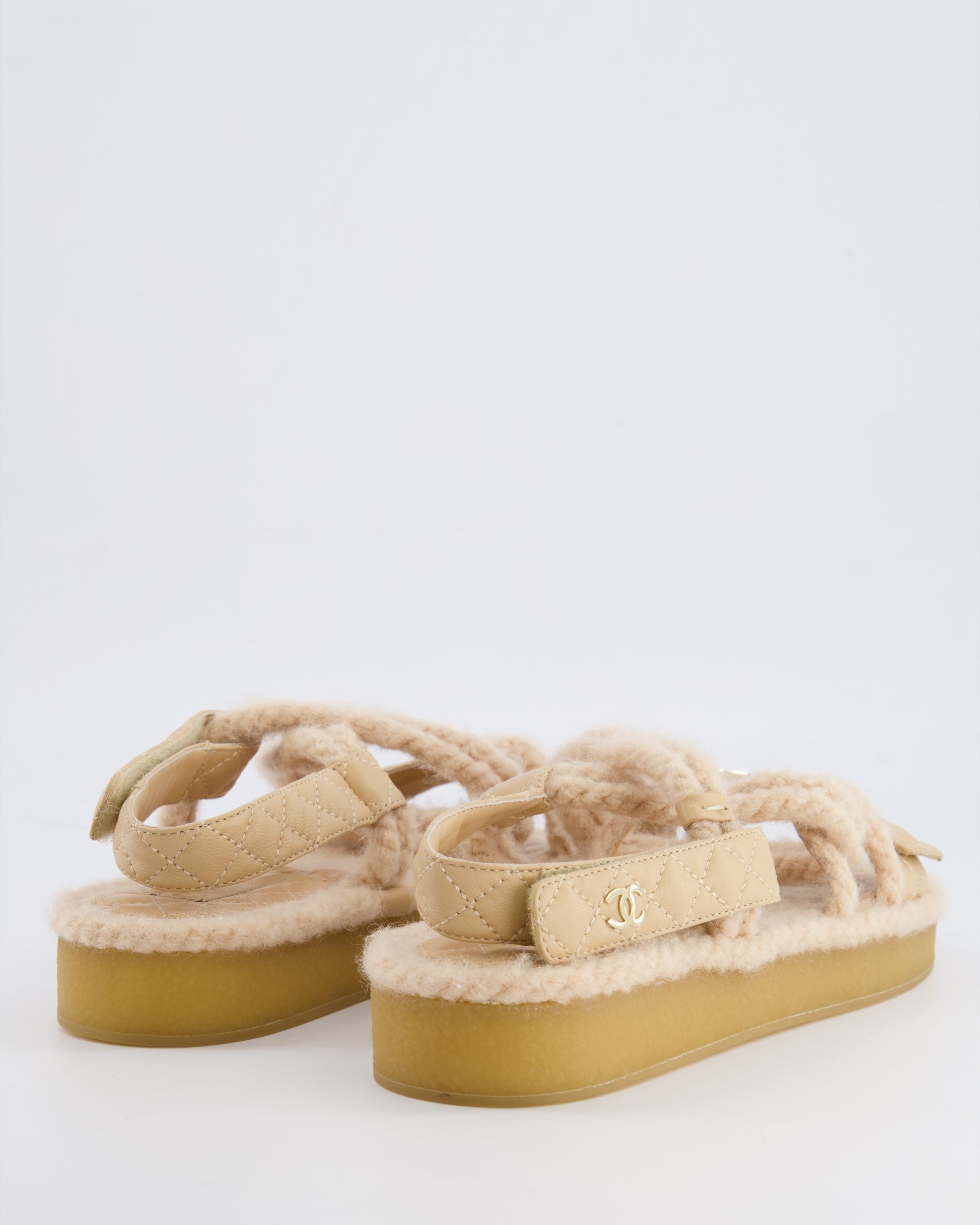 Chanel Beige Cord And Quilted Lambskin Sandals With Champagne Gold Logo Details Size Eu 40
