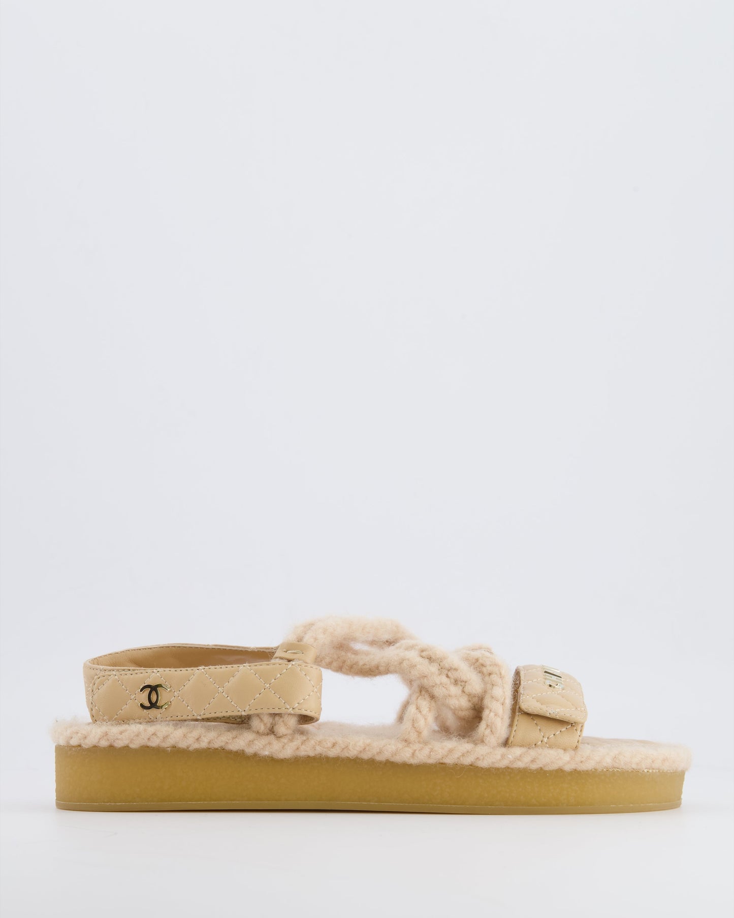Chanel Beige Cord and Quilted Lambskin Sandals with Champagne Gold Logo Details Size Eu 40 for Women