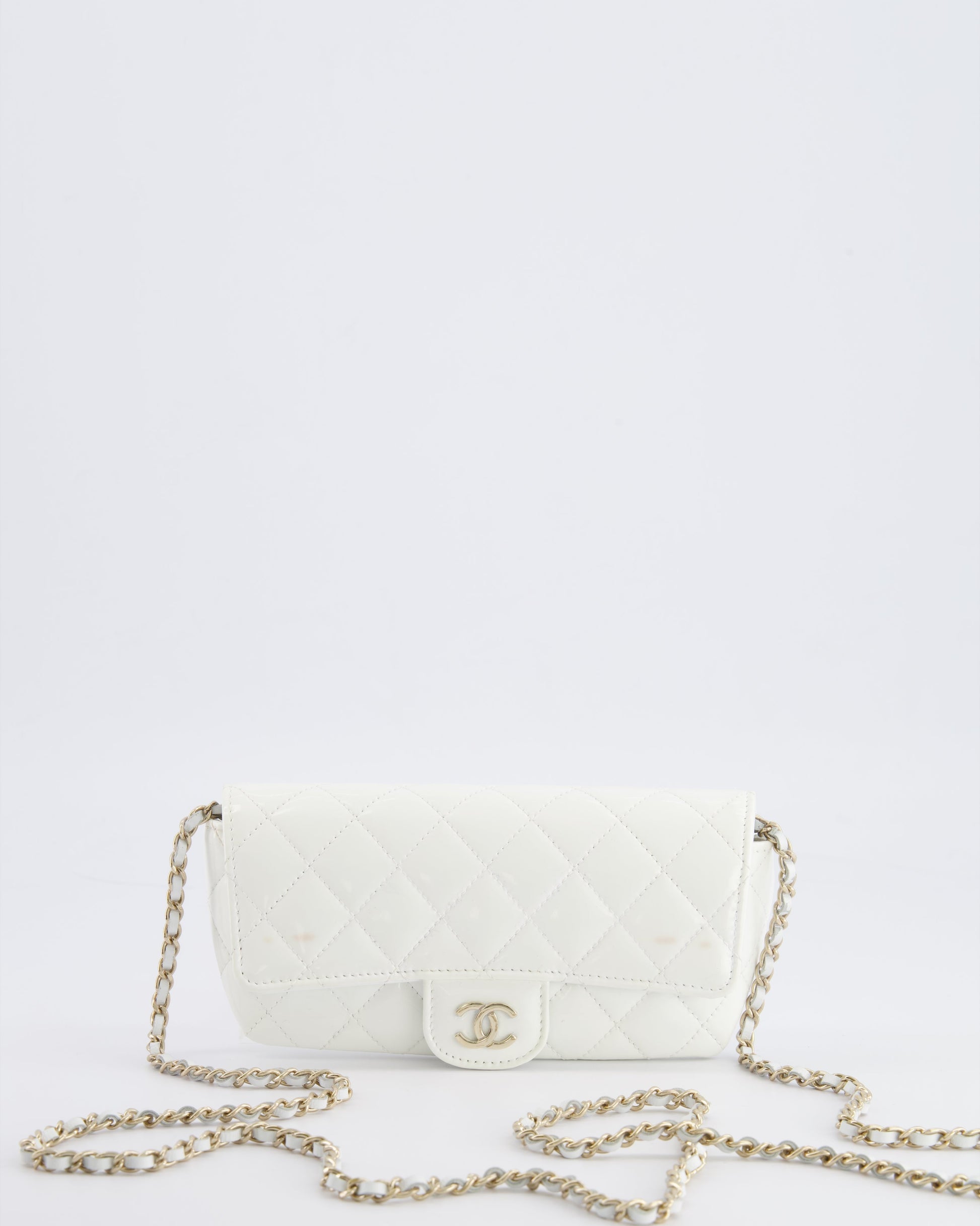 Chanel White Patent Sunglasses Case on Chain with Champagne Gold Hardware