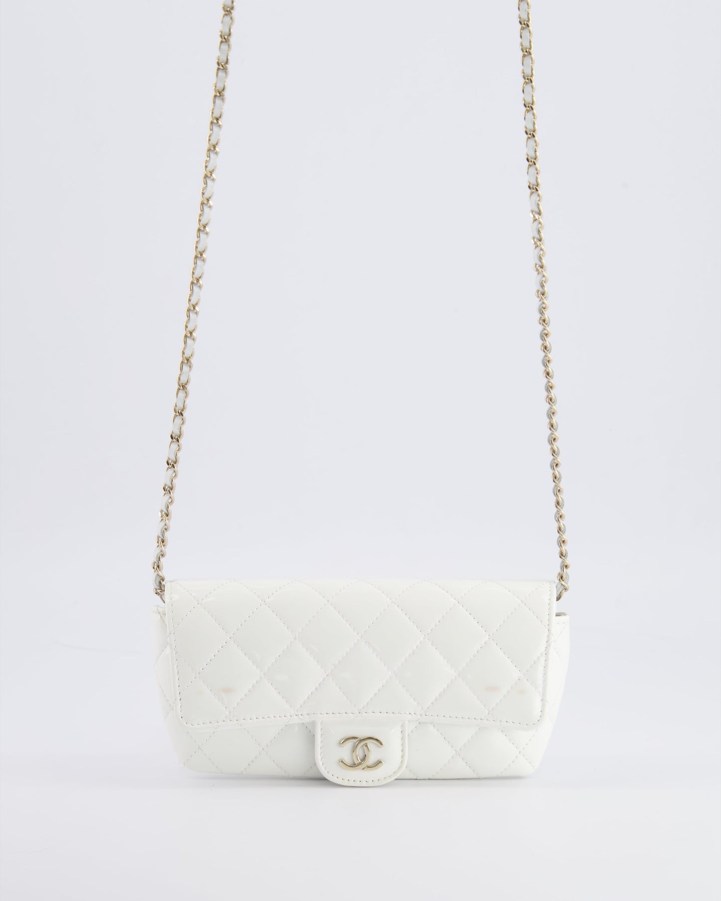 Chanel White Patent Sunglasses Case on Chain with Champagne Gold Hardware