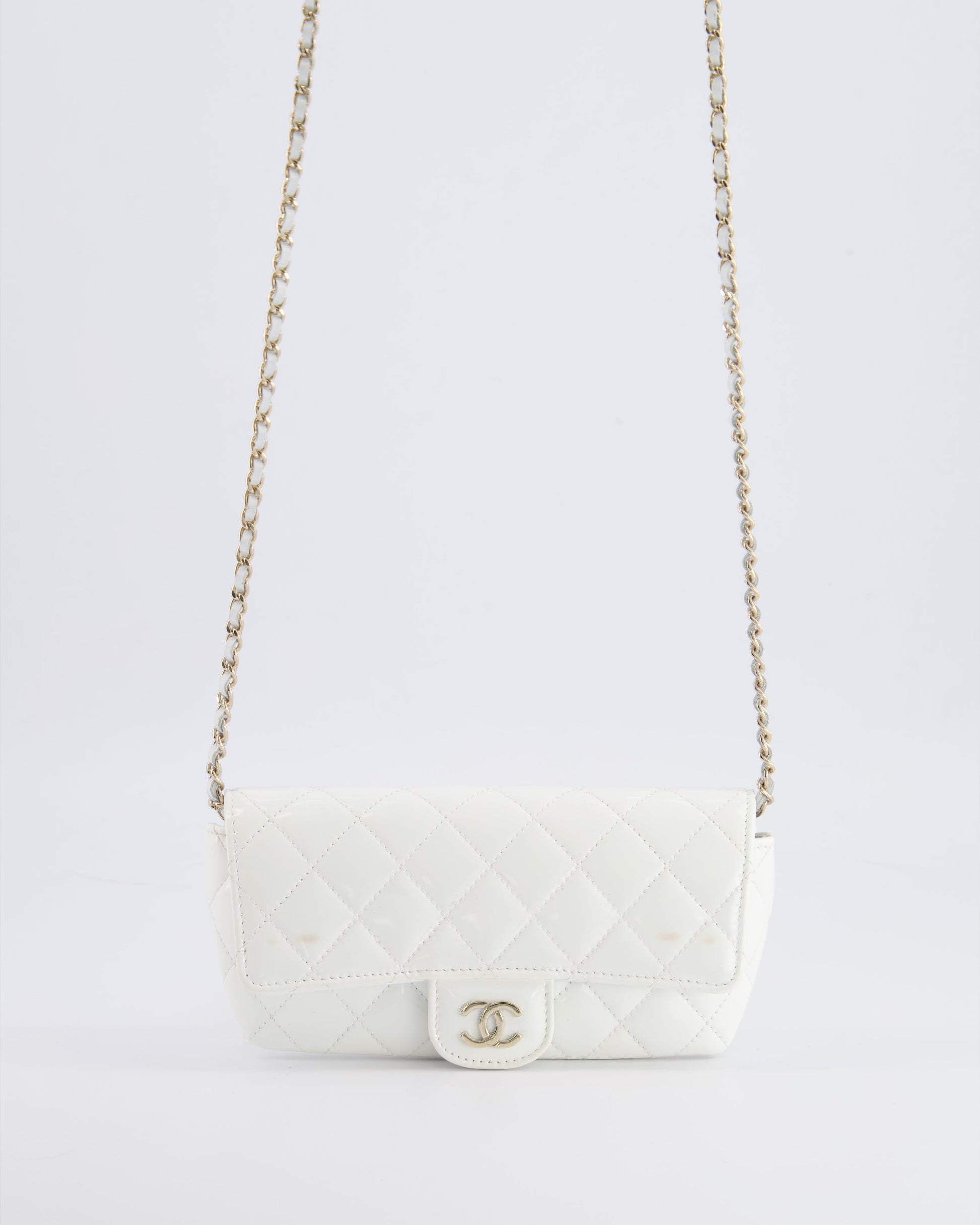 Chanel White Patent Sunglasses Case on Chain with Champagne Gold Hardware