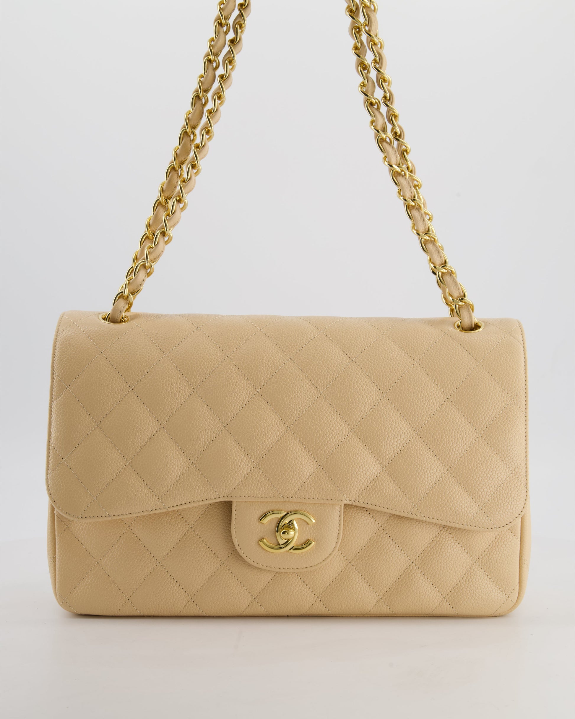 Chanel *Hot* Beige Jumbo Classic Double Flap Bag In Caviar Leather With Gold Hardware Rrp £9,540