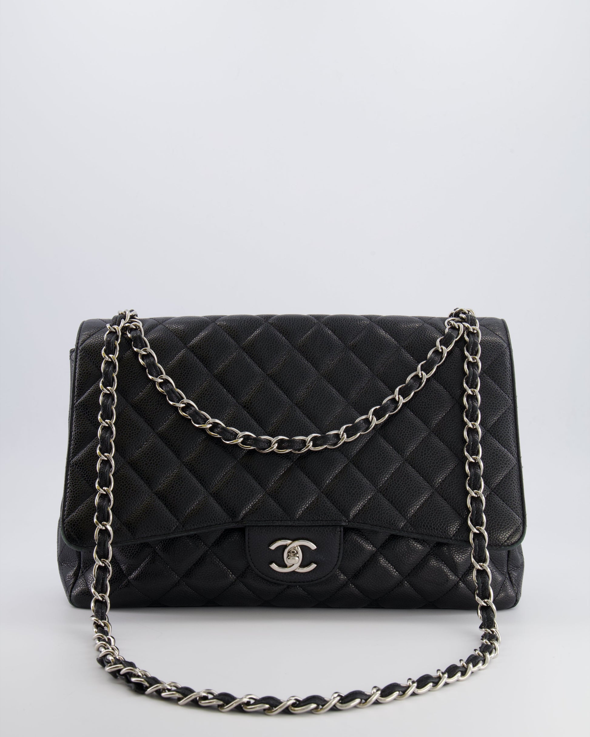 Chanel Black Maxi Classic Single Flap Bag in Caviar Leather with Silver Hardware
