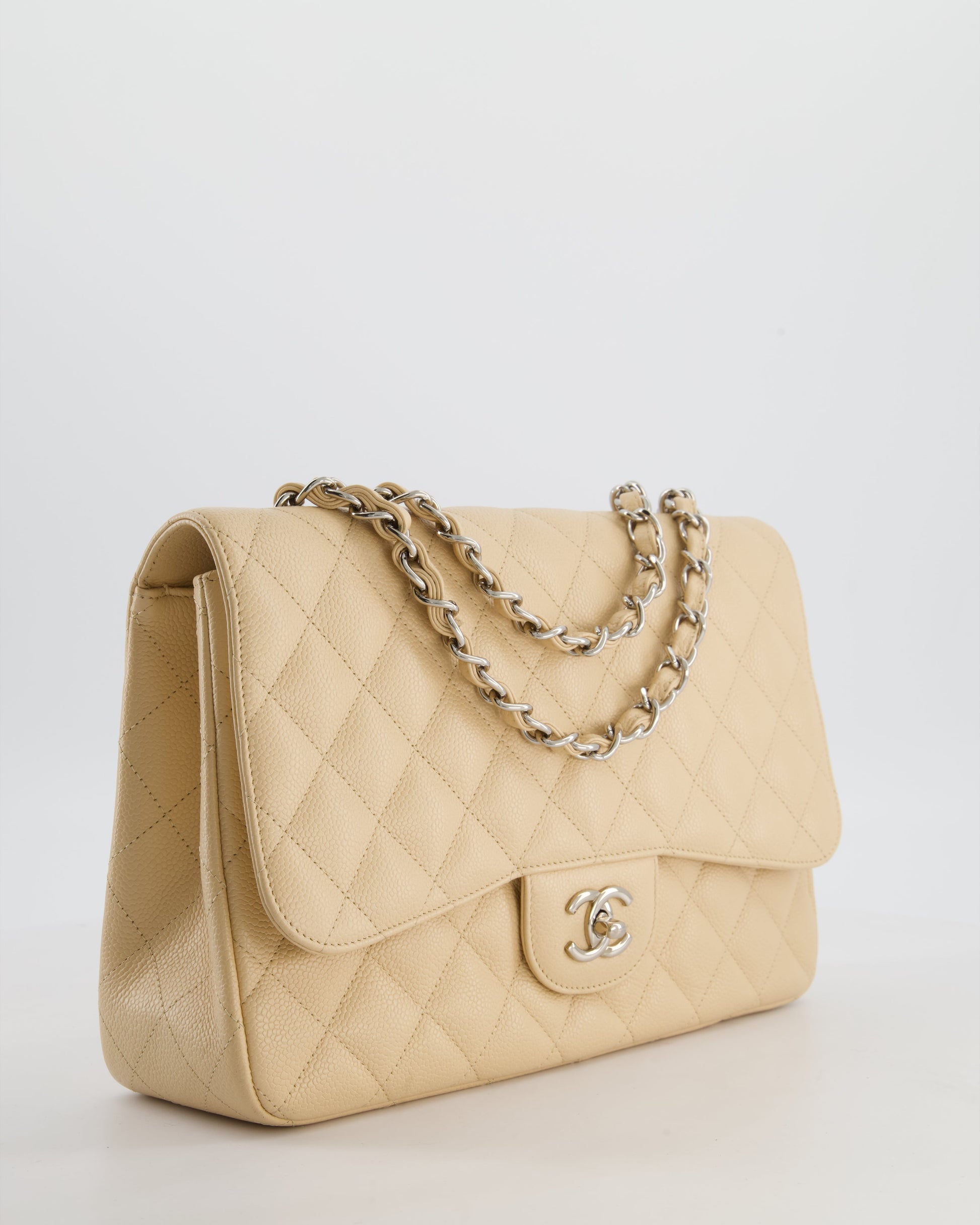 Chanel Beige Jumbo Classic Single Flap Bag In Caviar Leather With Silver Hardware