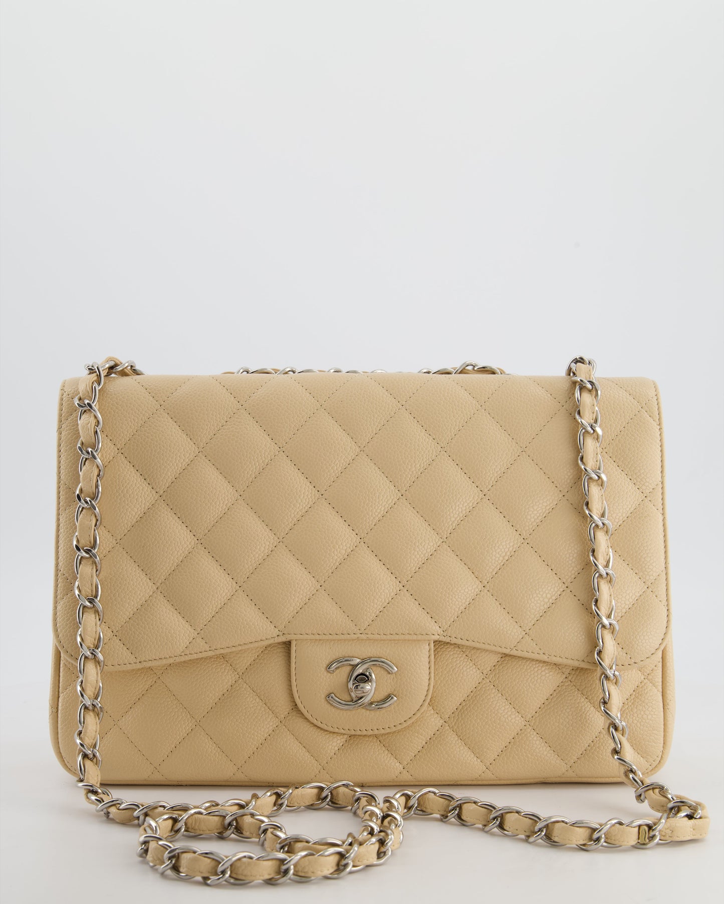 Chanel Beige Jumbo Classic Single Flap Bag In Caviar Leather With Silver Hardware