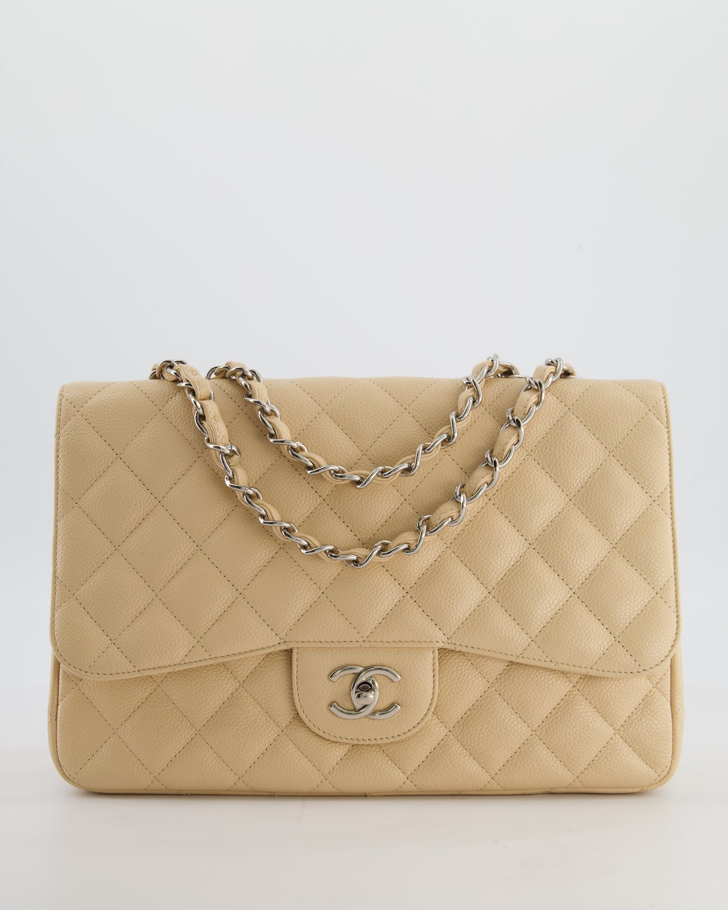 Chanel Beige Jumbo Classic Single Flap Bag In Caviar Leather With Silver Hardware