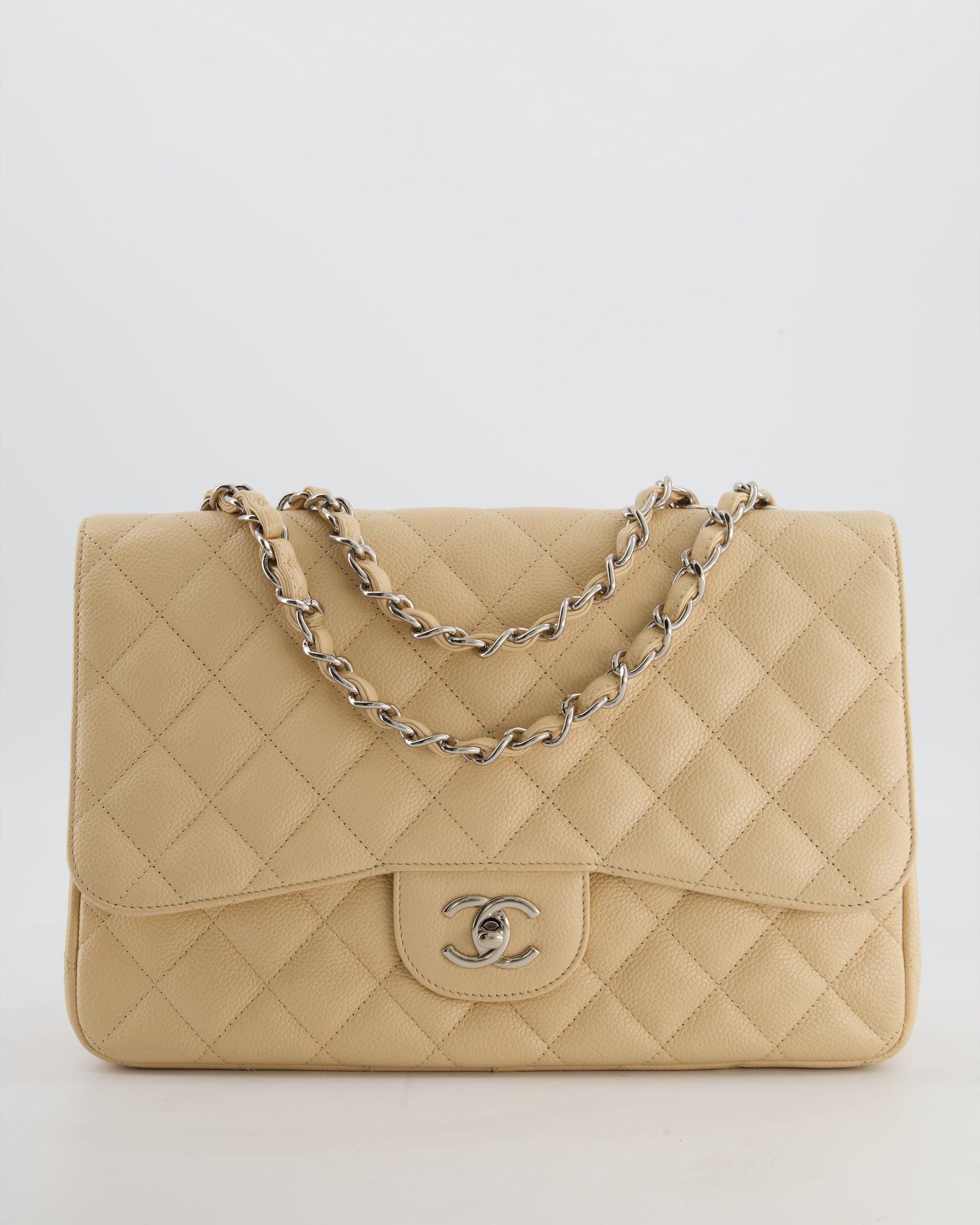 Chanel Beige Jumbo Classic Single Flap Bag In Caviar Leather With Silver Hardware