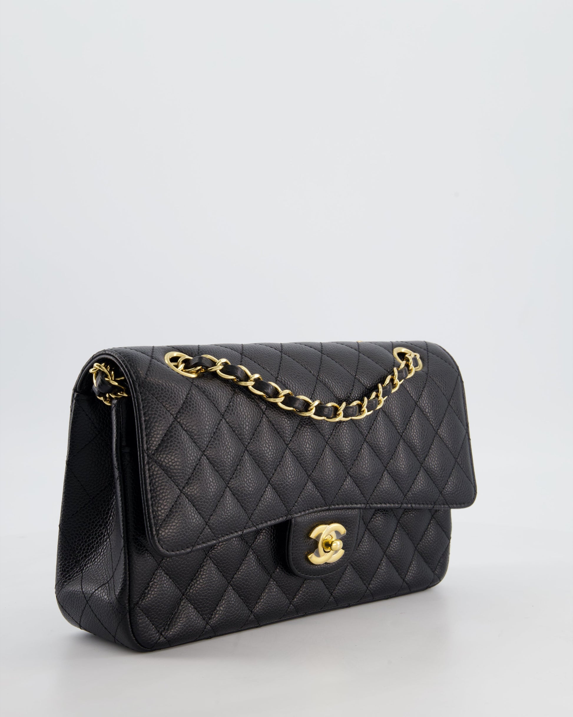 Chanel Medium Black Stitched Edge Classic Double Flap Bag In Caviar Leather With Gold Hardware