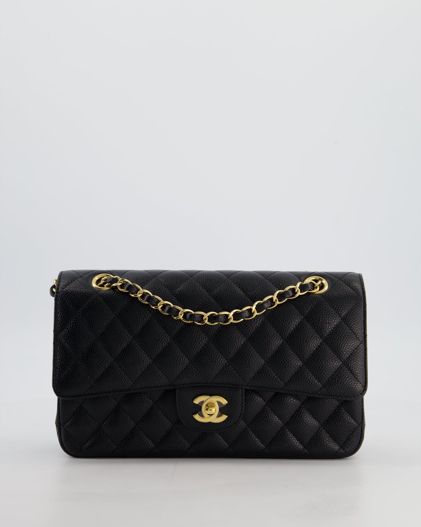 Chanel Medium Black Stitched Edge Classic Double Flap Bag In Caviar Leather With Gold Hardware