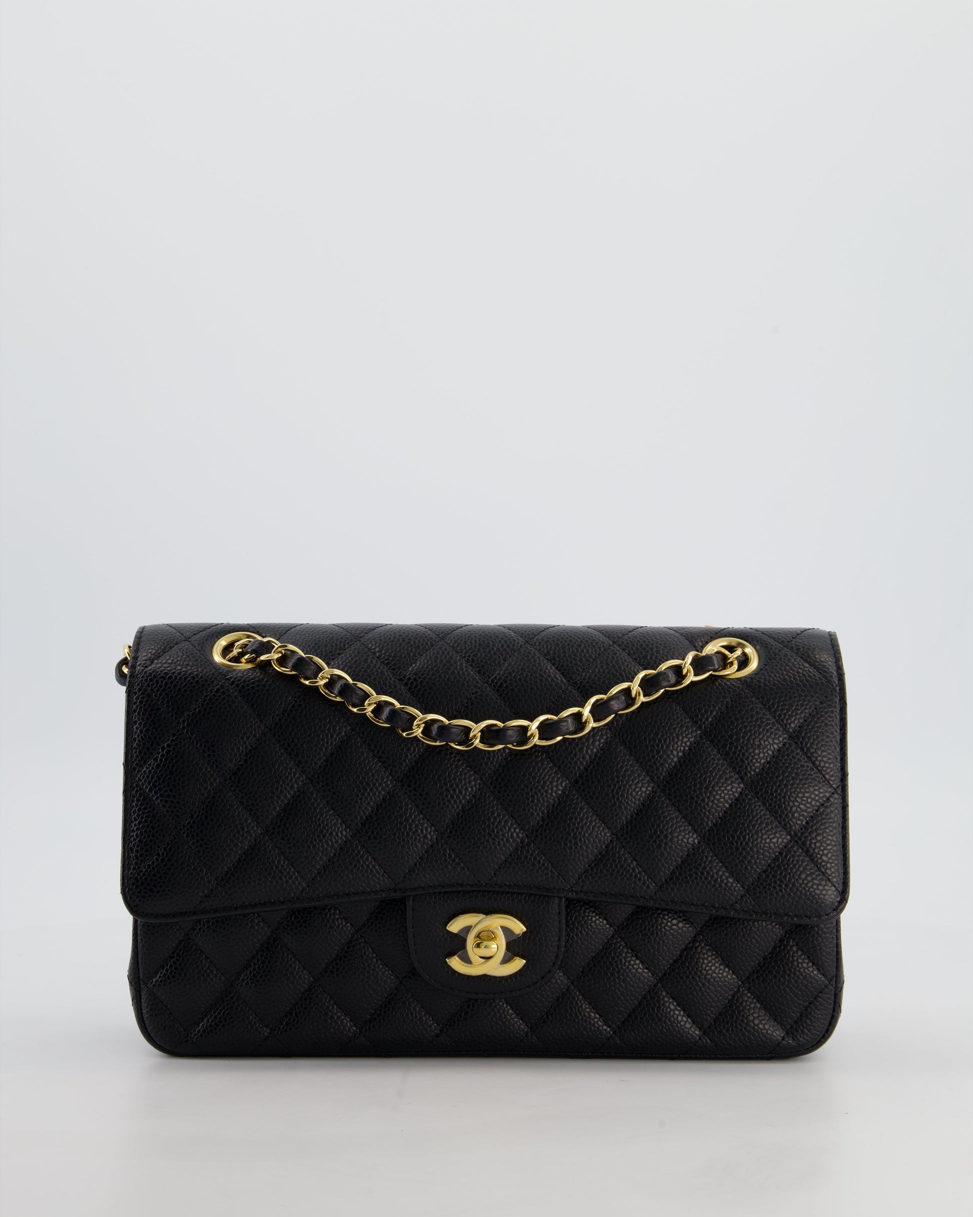 Chanel Medium Black Stitched Edge Classic Double Flap Bag In Caviar Leather With Gold Hardware