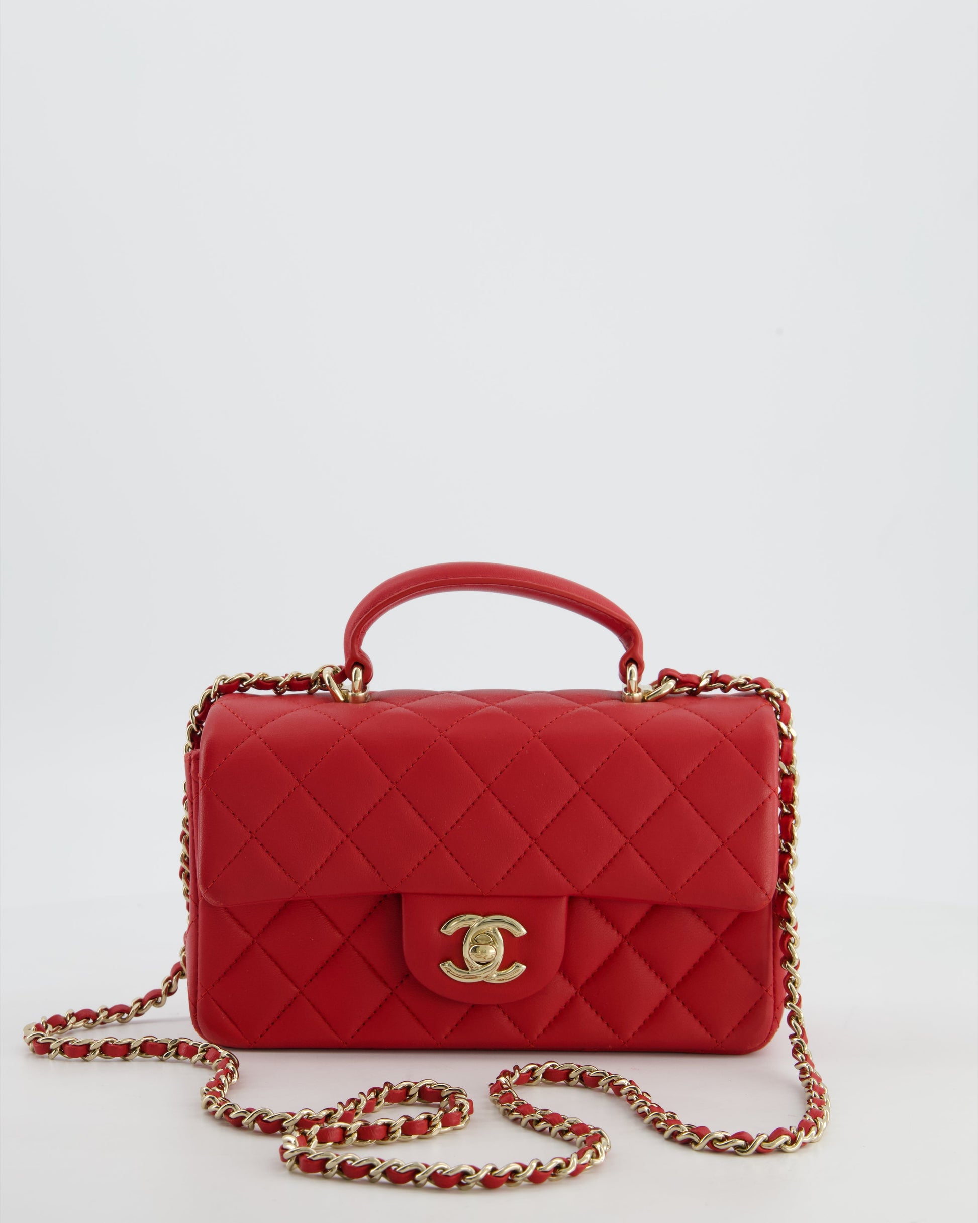 Chanel Mini Rectangular Top Handle Bag In Cherry Red Lambskin Leather With Champagne Gold Hardware