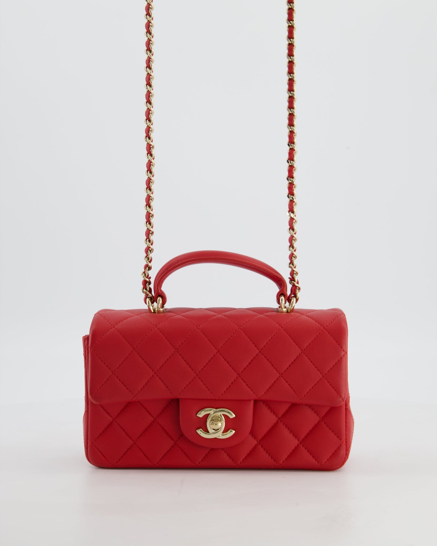 Chanel Mini Rectangular Top Handle Bag In Cherry Red Lambskin Leather With Champagne Gold Hardware