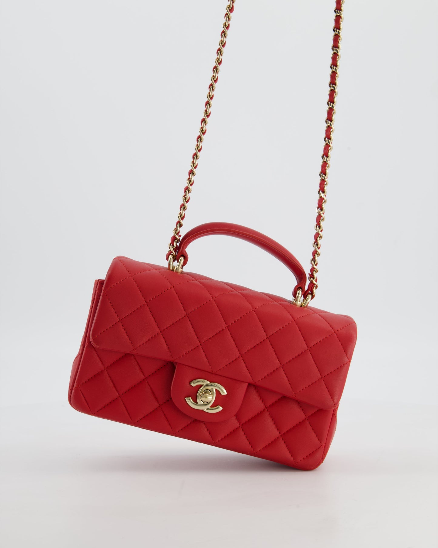 Chanel Mini Rectangular Top Handle Bag In Cherry Red Lambskin Leather With Champagne Gold Hardware