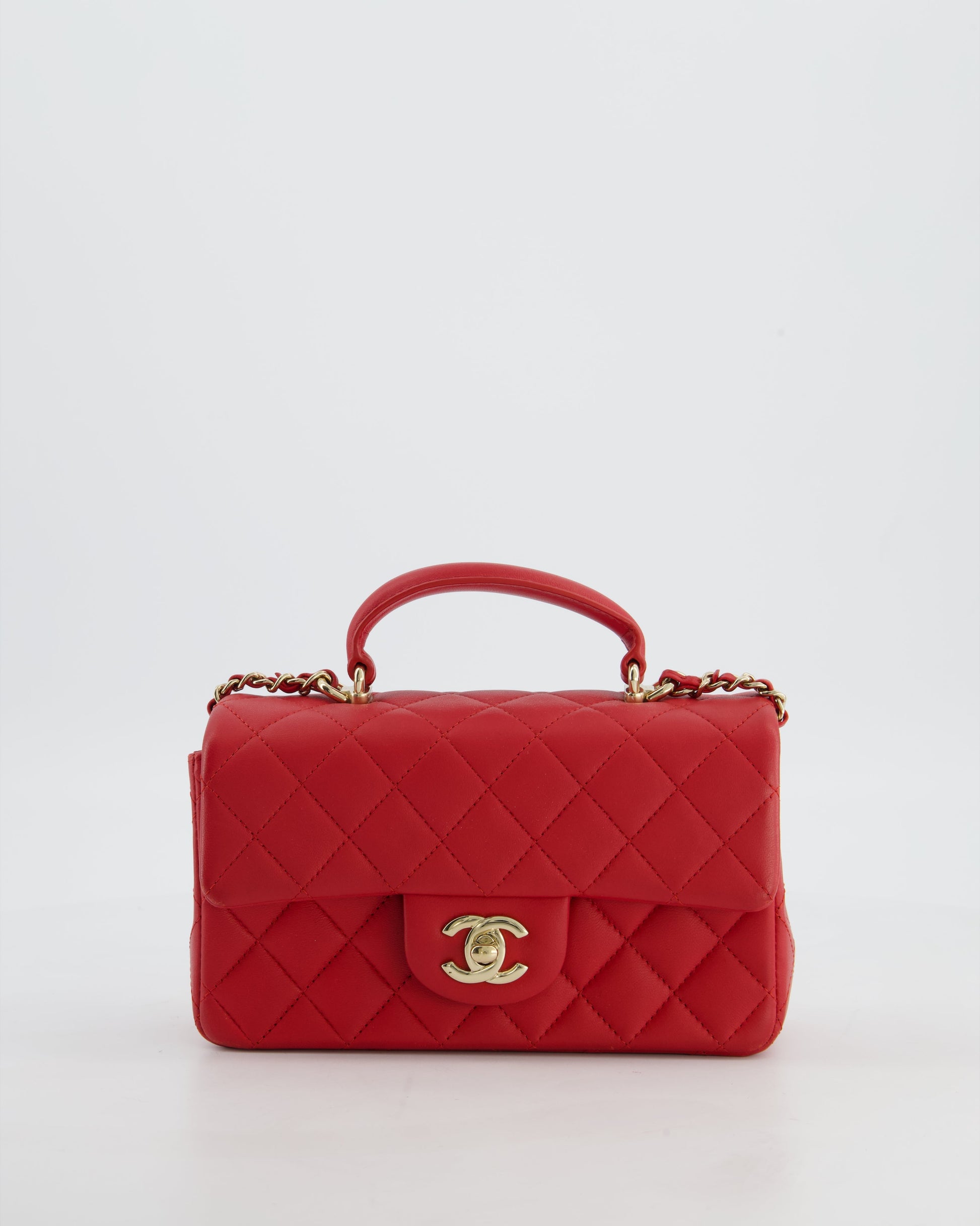 Chanel Mini Rectangular Top Handle Bag in Cherry Red Lambskin Leather with Champagne Gold Hardware