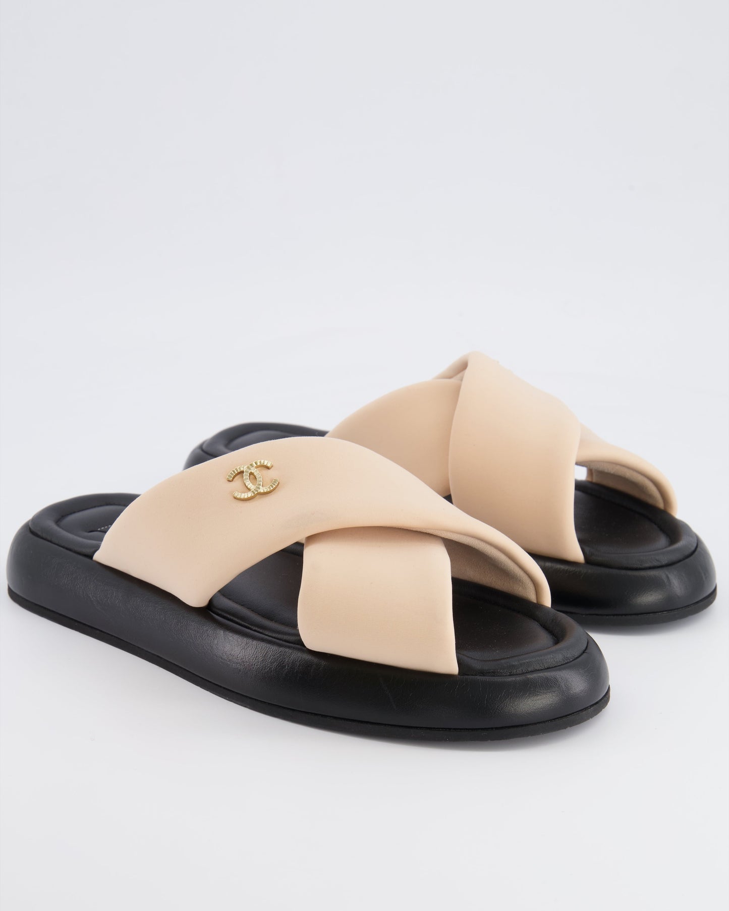 Chanel Beige And Black Leather Slides With Crossover Strap And Gold Textured Cc Logo Detail Size Eu 40C Women Shoes