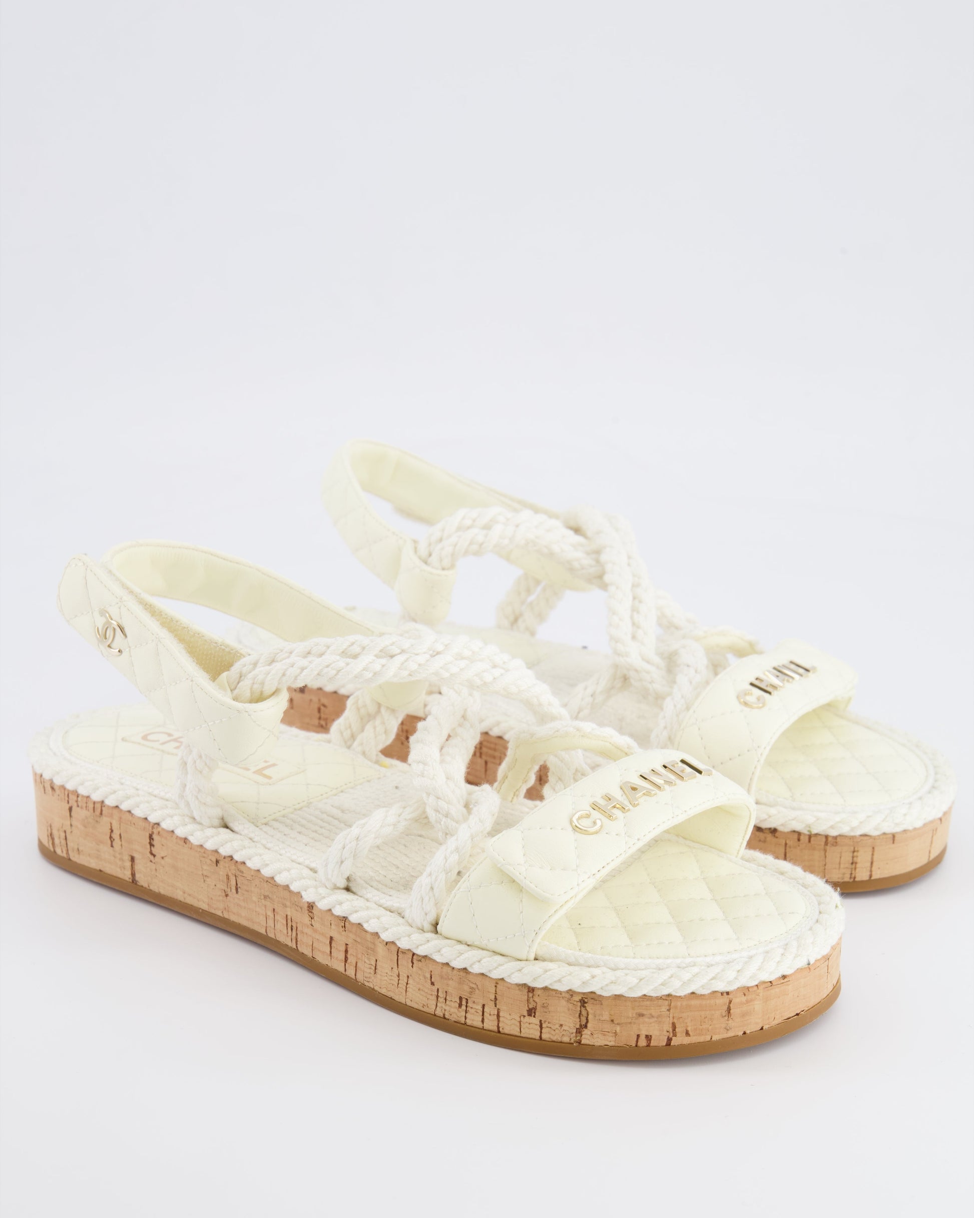 Chanel White Cord And Quilted Lambskin Sandals With Champagne Gold Logo Details Size Eu 40