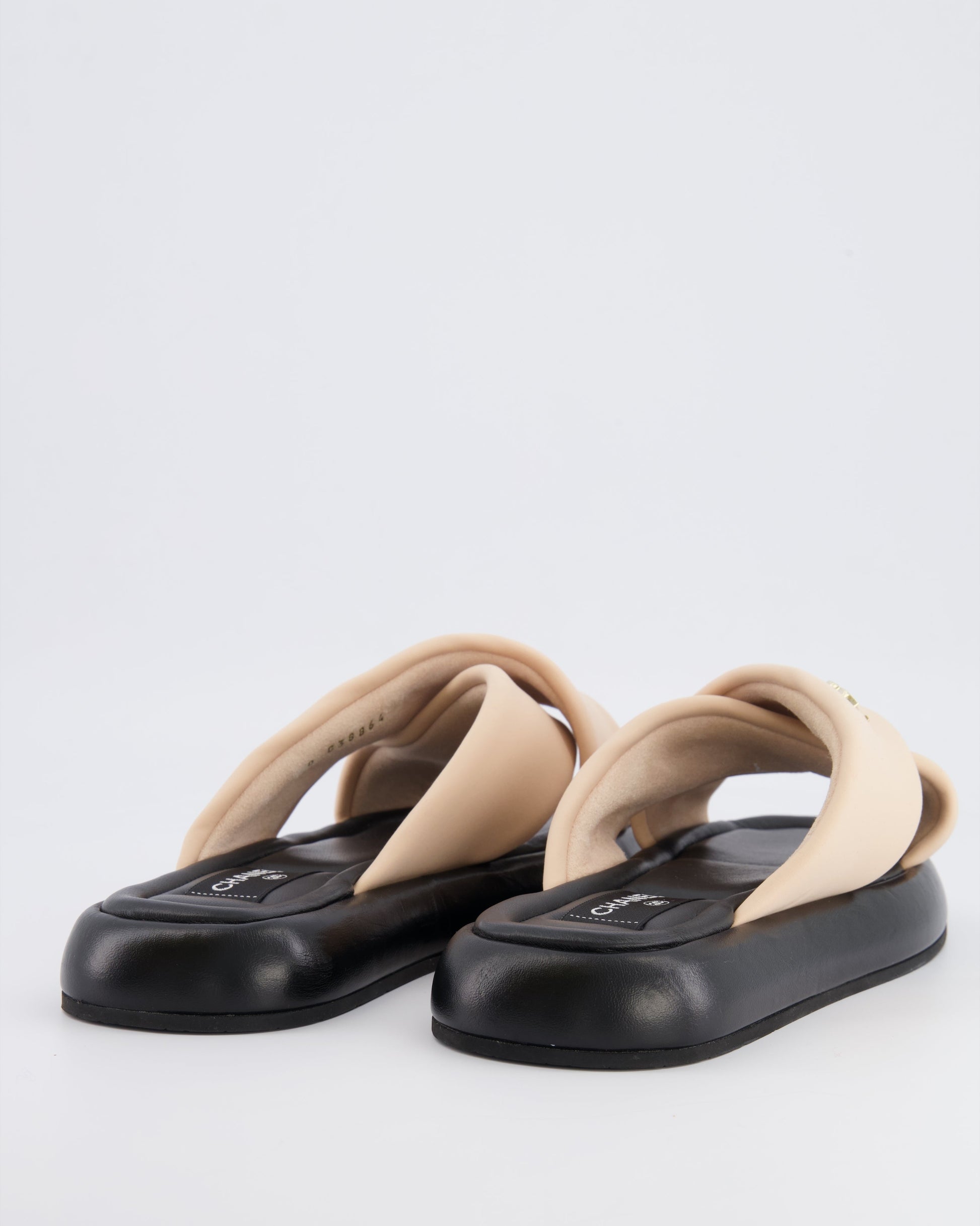 Chanel Beige and Black Leather Slides with Crossover Strap and Gold Textured CC Logo Detail Size Eu 40C for Women