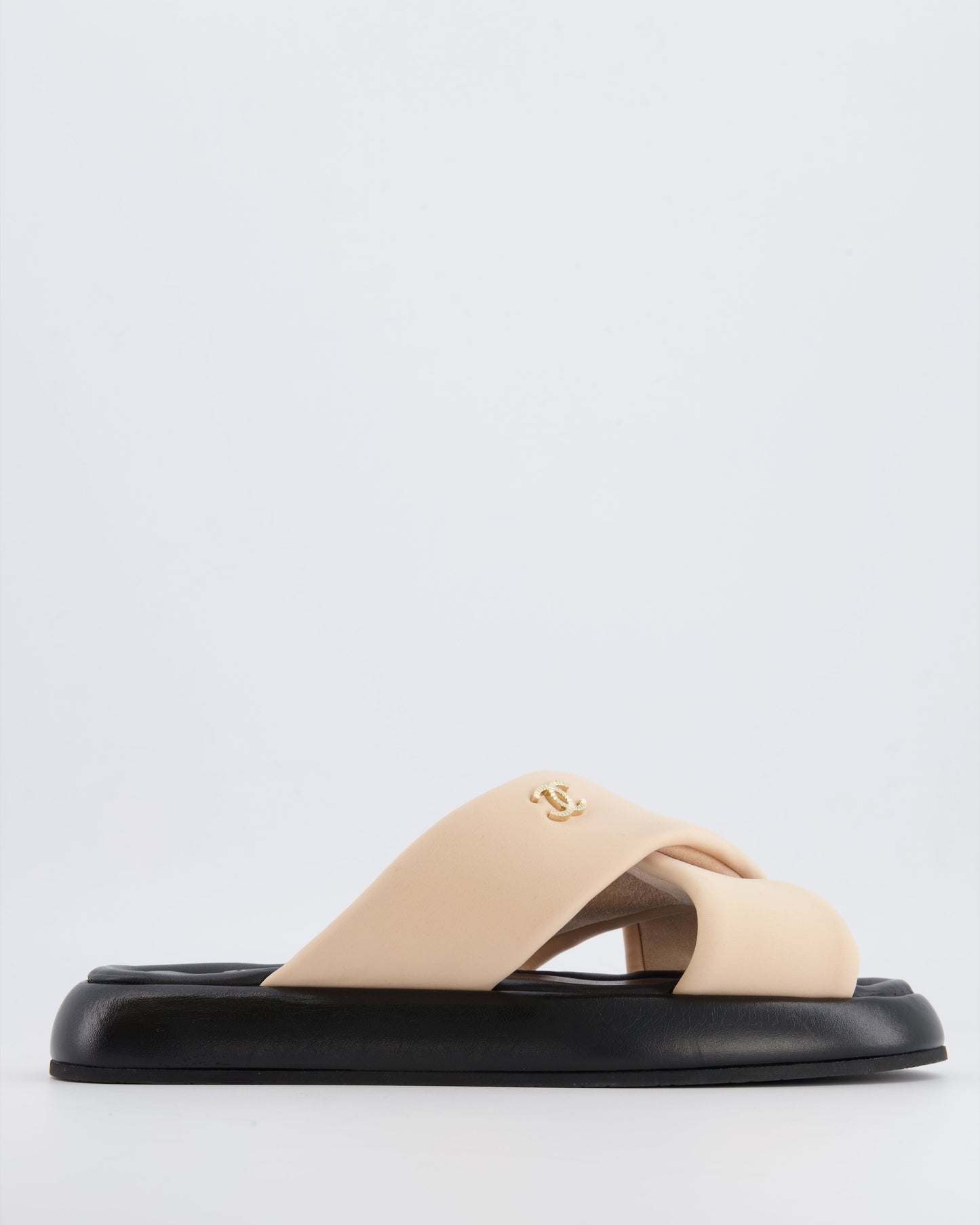 Chanel Beige And Black Leather Slides With Crossover Strap And Gold Textured Cc Logo Detail Size Eu 40C Women Shoes