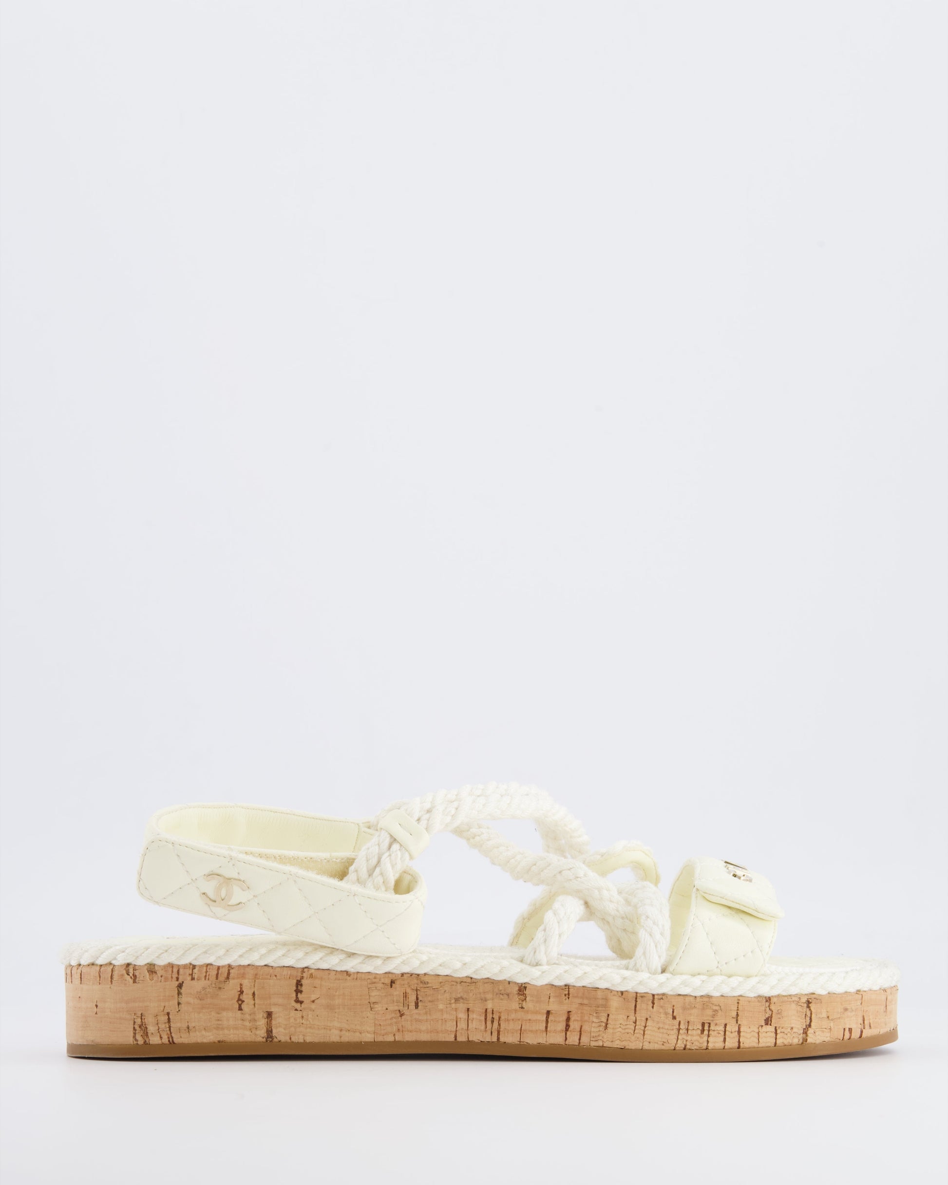 Chanel White Cord And Quilted Lambskin Sandals With Champagne Gold Logo Details Size Eu 40