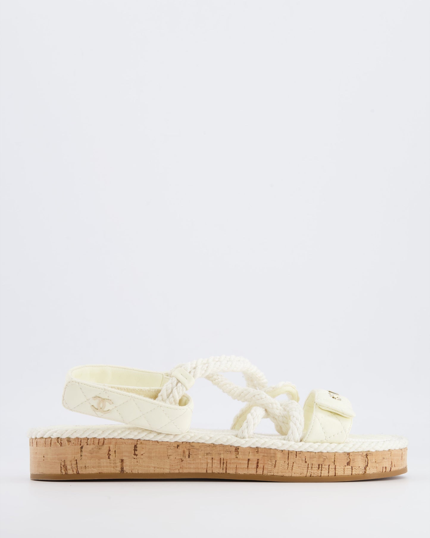 Chanel White Cord and Quilted Lambskin Sandals with Champagne Gold Logo Details Size Eu 40 for Women