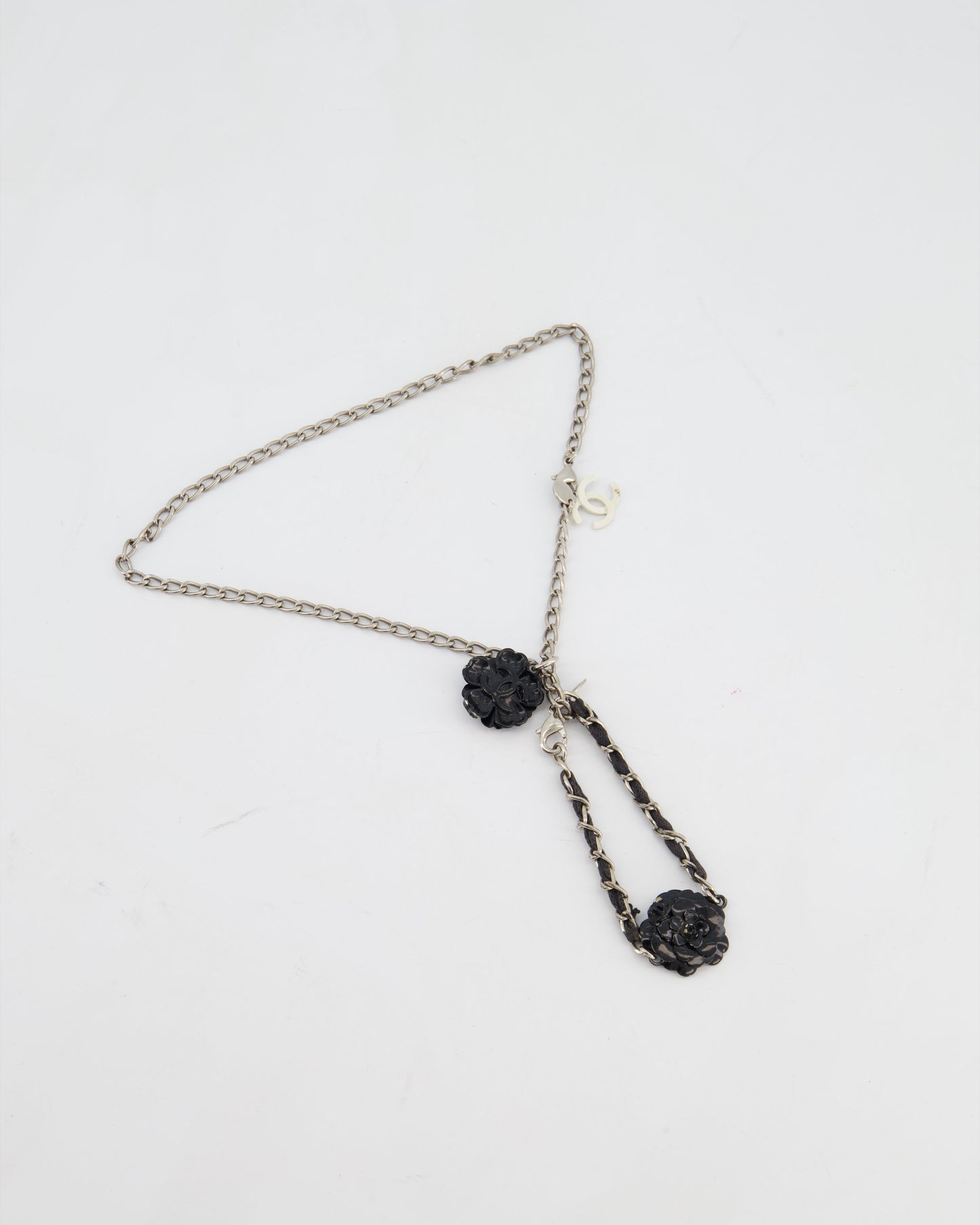 Chanel Set Silver Chain Necklace With Camellia Pendant And Silver And Black Camellia Bracelet
