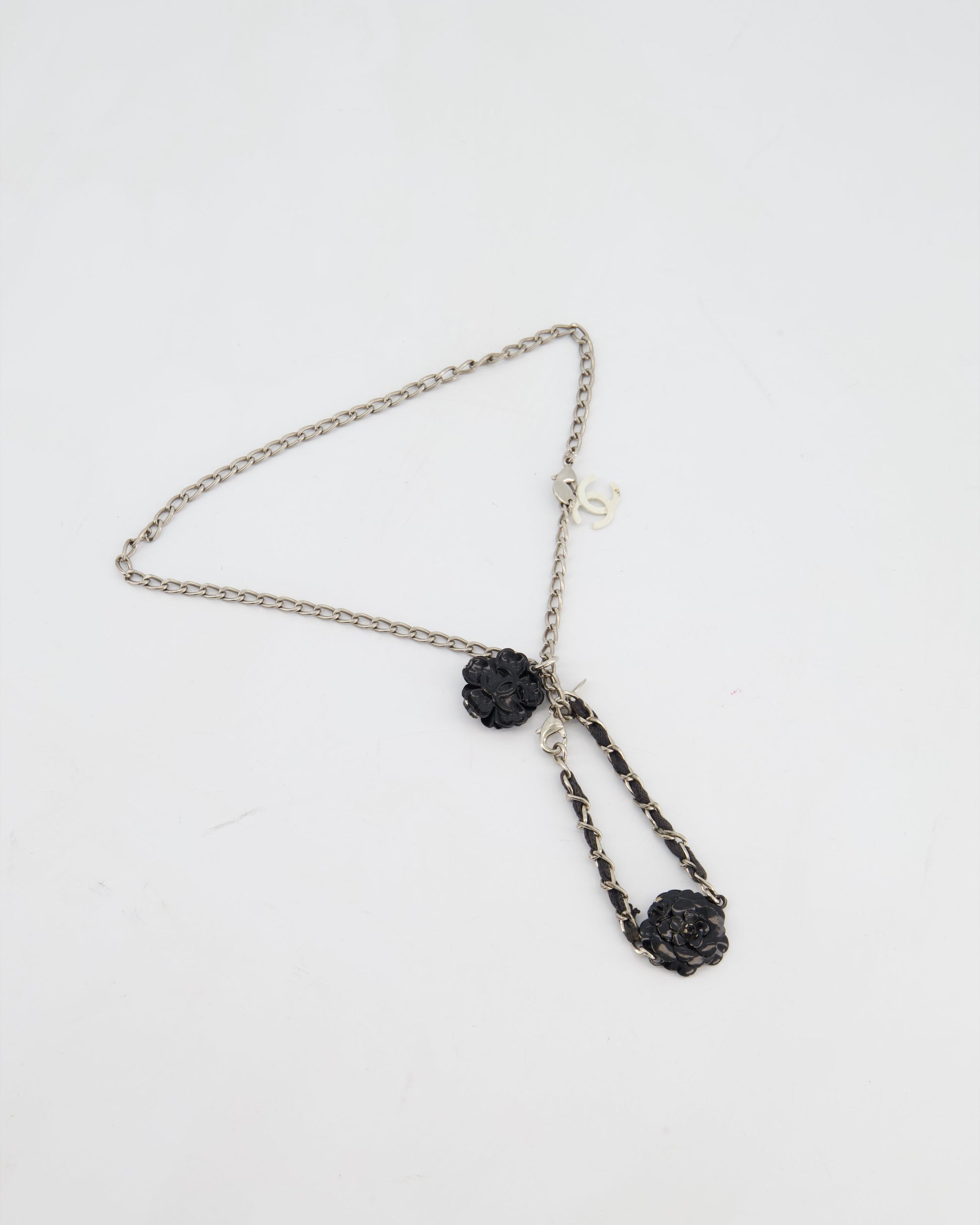 Chanel Set Silver Chain Necklace With Camellia Pendant And Silver And Black Camellia Bracelet