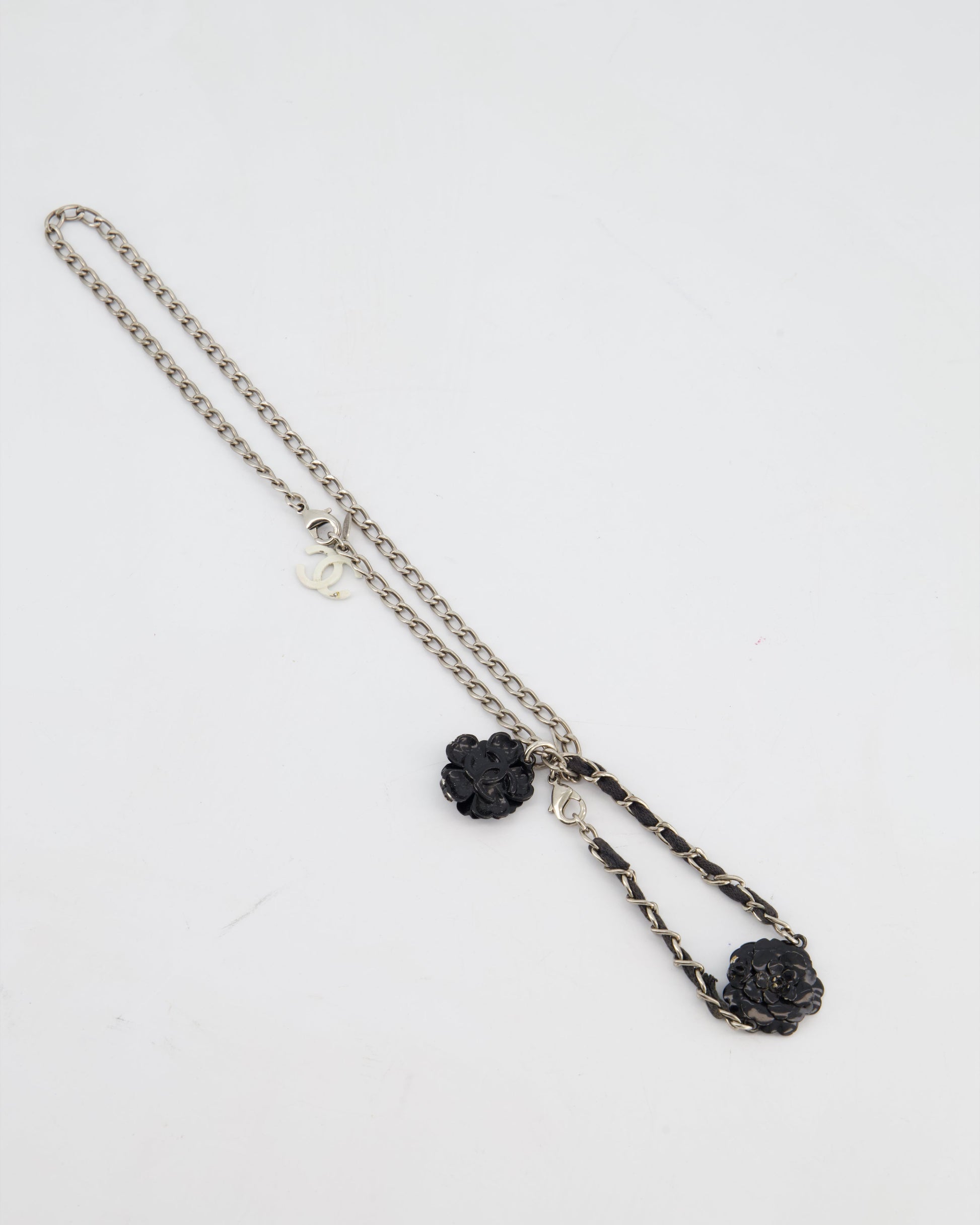 Chanel Set Silver Chain Necklace With Camellia Pendant And Silver And Black Camellia Bracelet