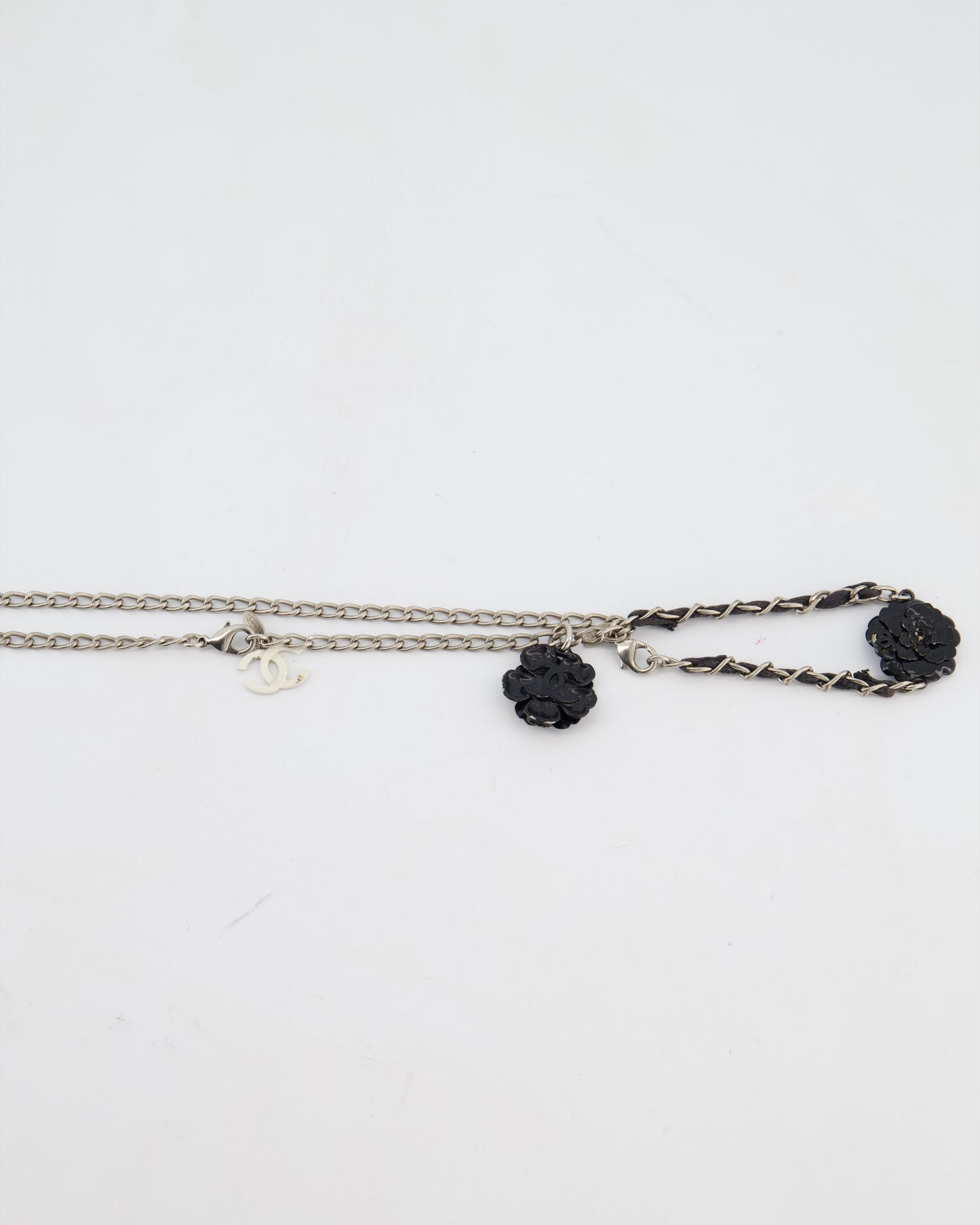 Chanel Set Silver Chain Necklace With Camellia Pendant And Silver And Black Camellia Bracelet
