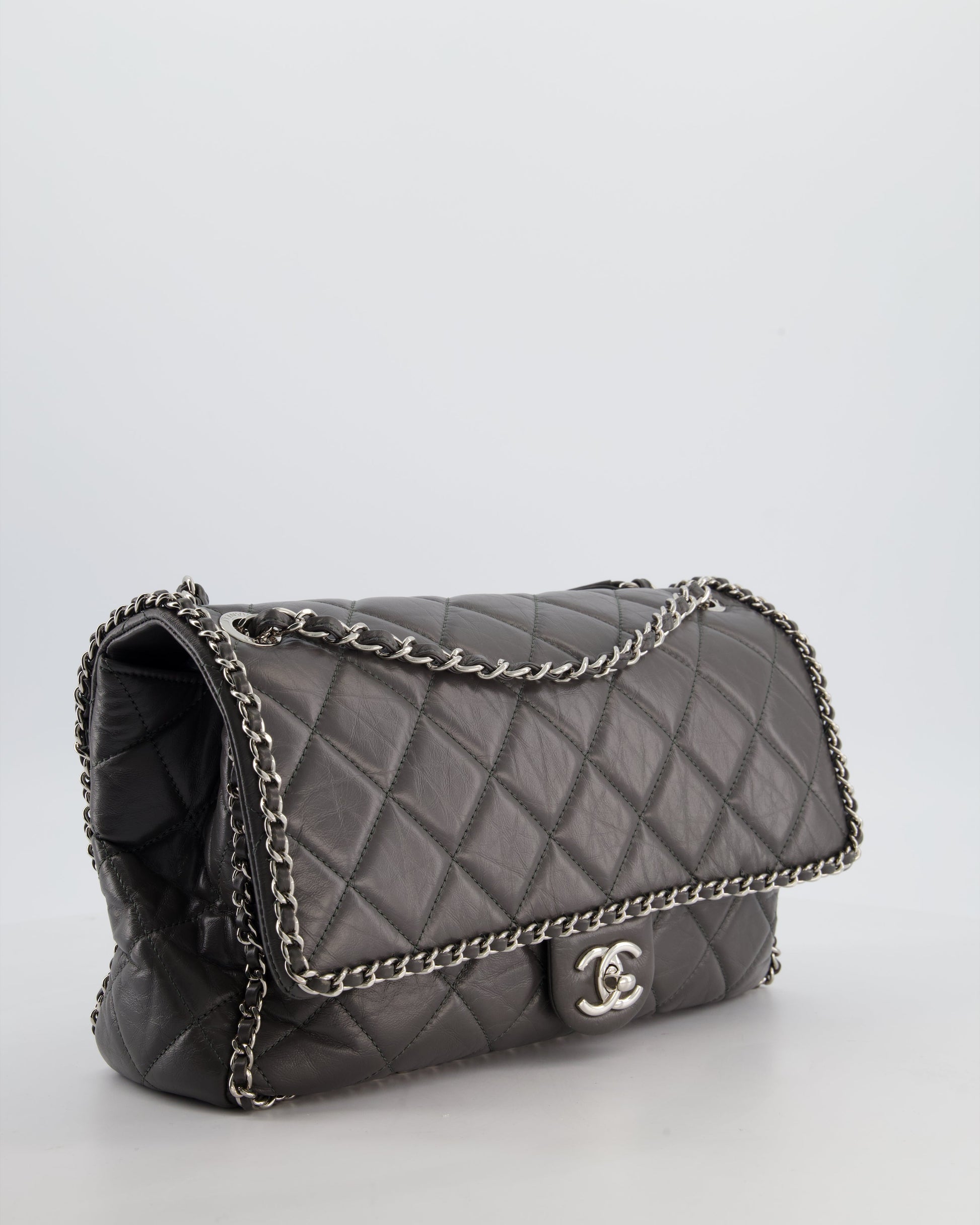 Chanel 20S Stone Grey Large Flap Bag In Aged Calfskin Leather With Chain Edge And Silver Hardware