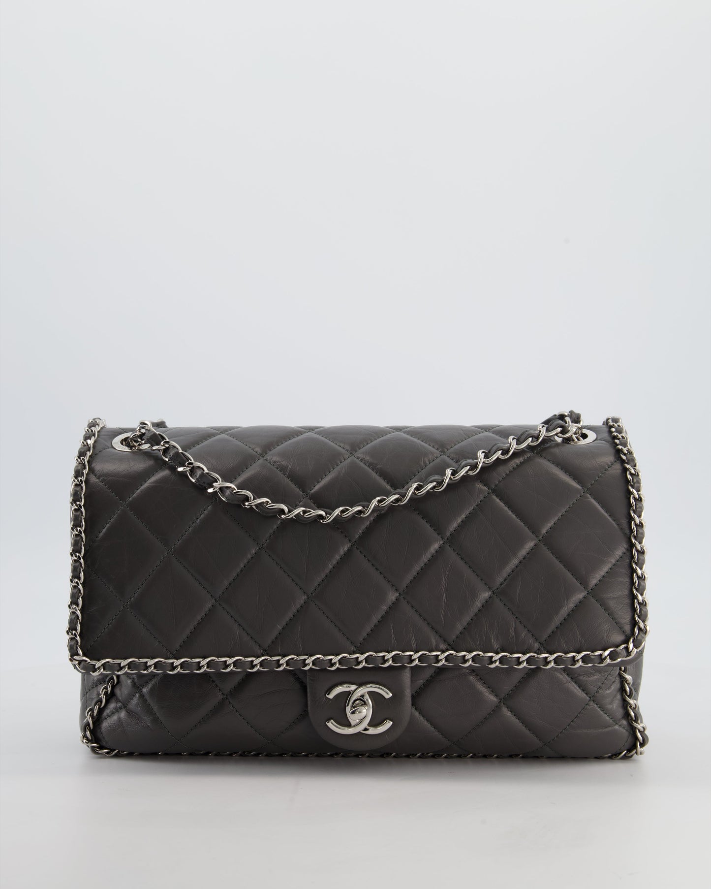 Chanel 20S Stone Grey Large Flap Bag In Aged Calfskin Leather With Chain Edge And Silver Hardware