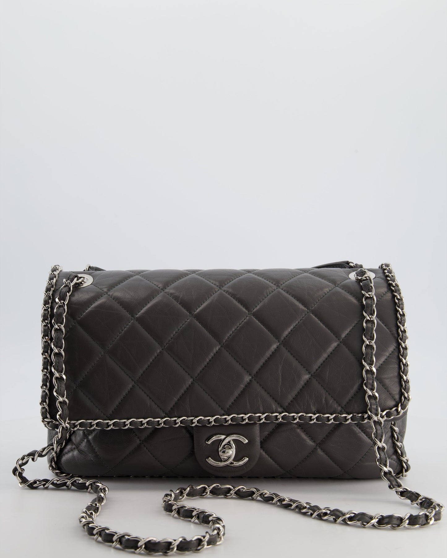 Chanel 20S Stone Grey Large Flap Bag In Aged Calfskin Leather With Chain Edge And Silver Hardware