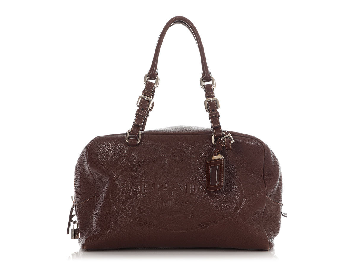 Prada Daino Bauletto Bag Vitello Brown Logo Travel Bag