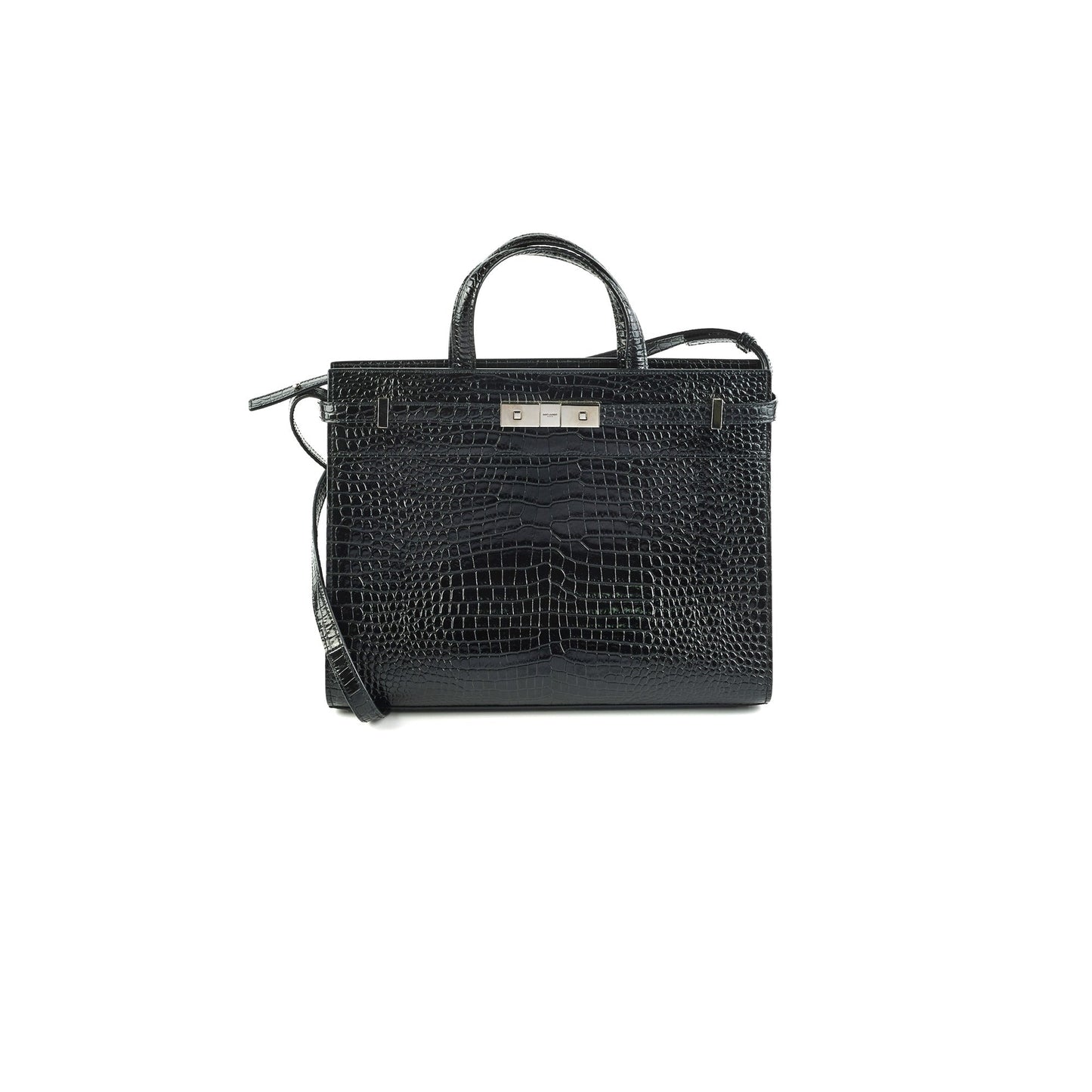 YSL Saint Laurent Manhattan Shopper Croc Tote Black Embossed Shoulder Bag