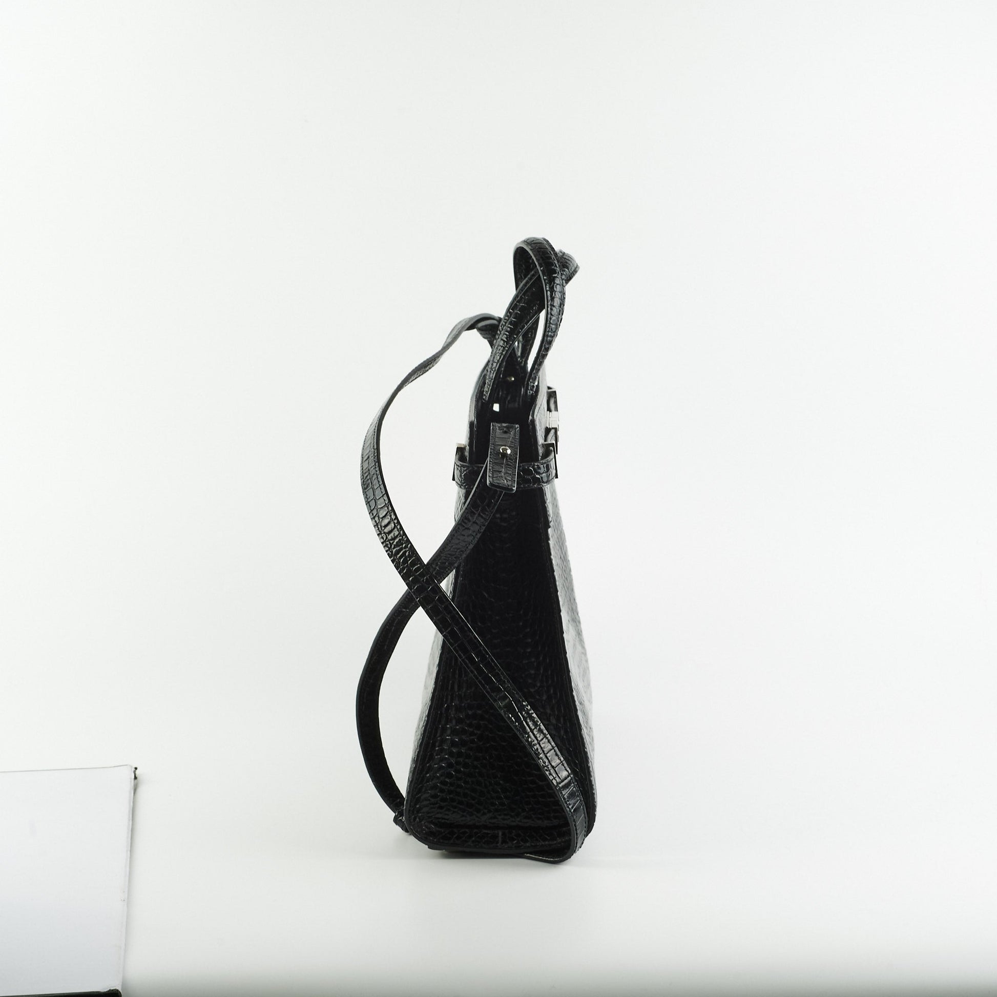 YSL Saint Laurent Manhattan Shopper Croc Tote Black Embossed Shoulder Bag