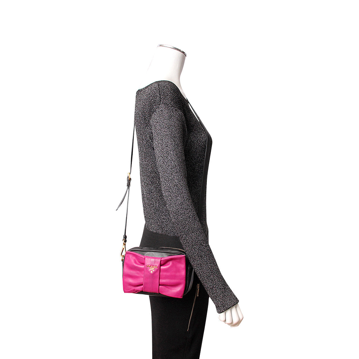 Prada Bow Crossbody Bag Leather Black Pink