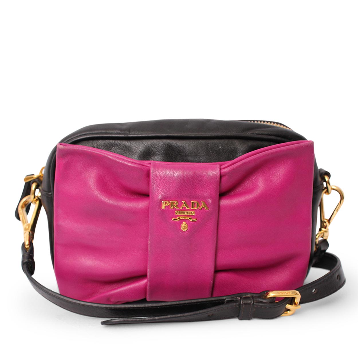 Prada Bow Crossbody Bag Leather Black Pink