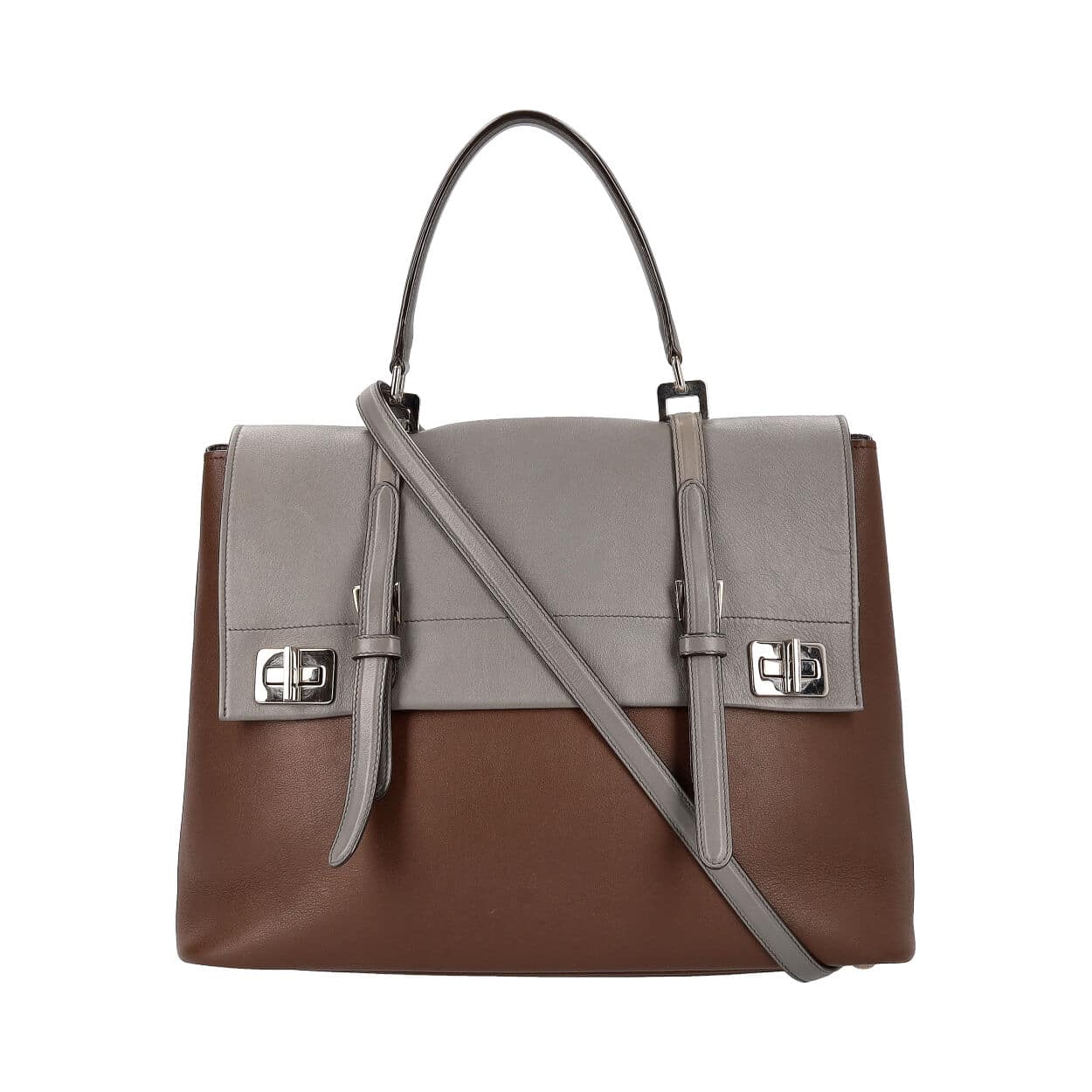 Prada Double Twist Lock Satchel Grey Leather Brown Gray Satchel Bag Brown Grey 1