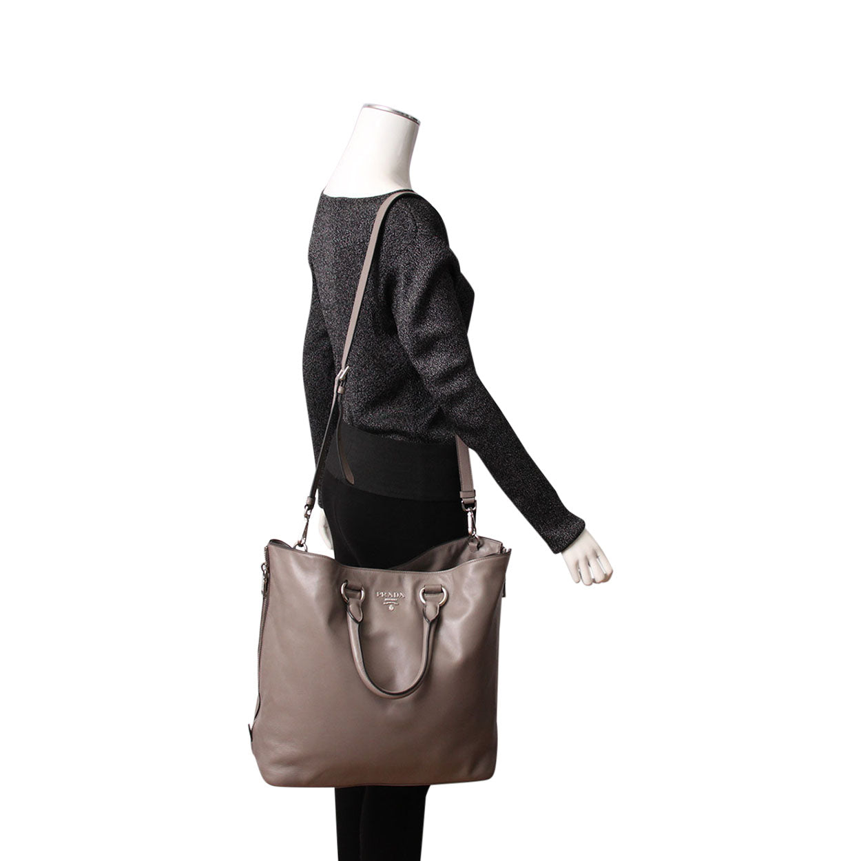 Prada Side Tote Grey Leather Gray Zip Tote Bag
