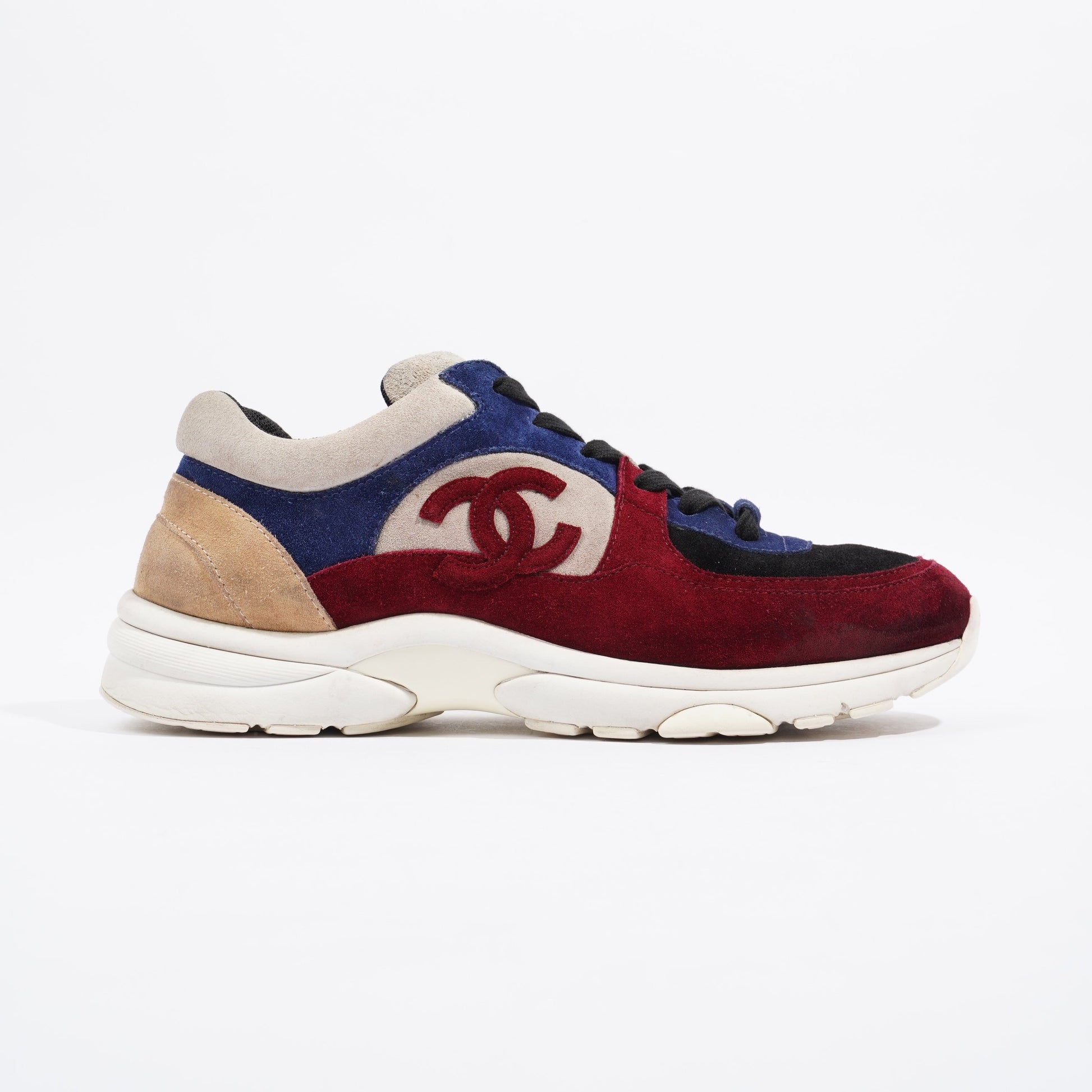 Chanel CC Logo Sneaker Maroon   Navy   Beige Suede EU 41.5 UK 7.5